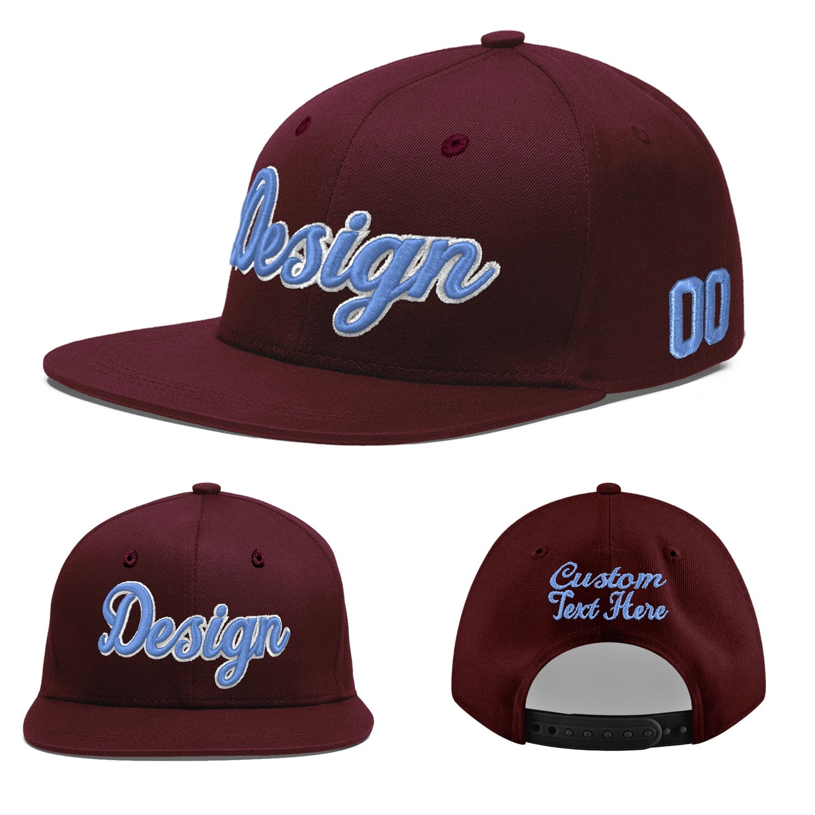 Custom Burgundy 3D Puff Embroidery Flat Embroidery Casual Sport Baseball Cap
