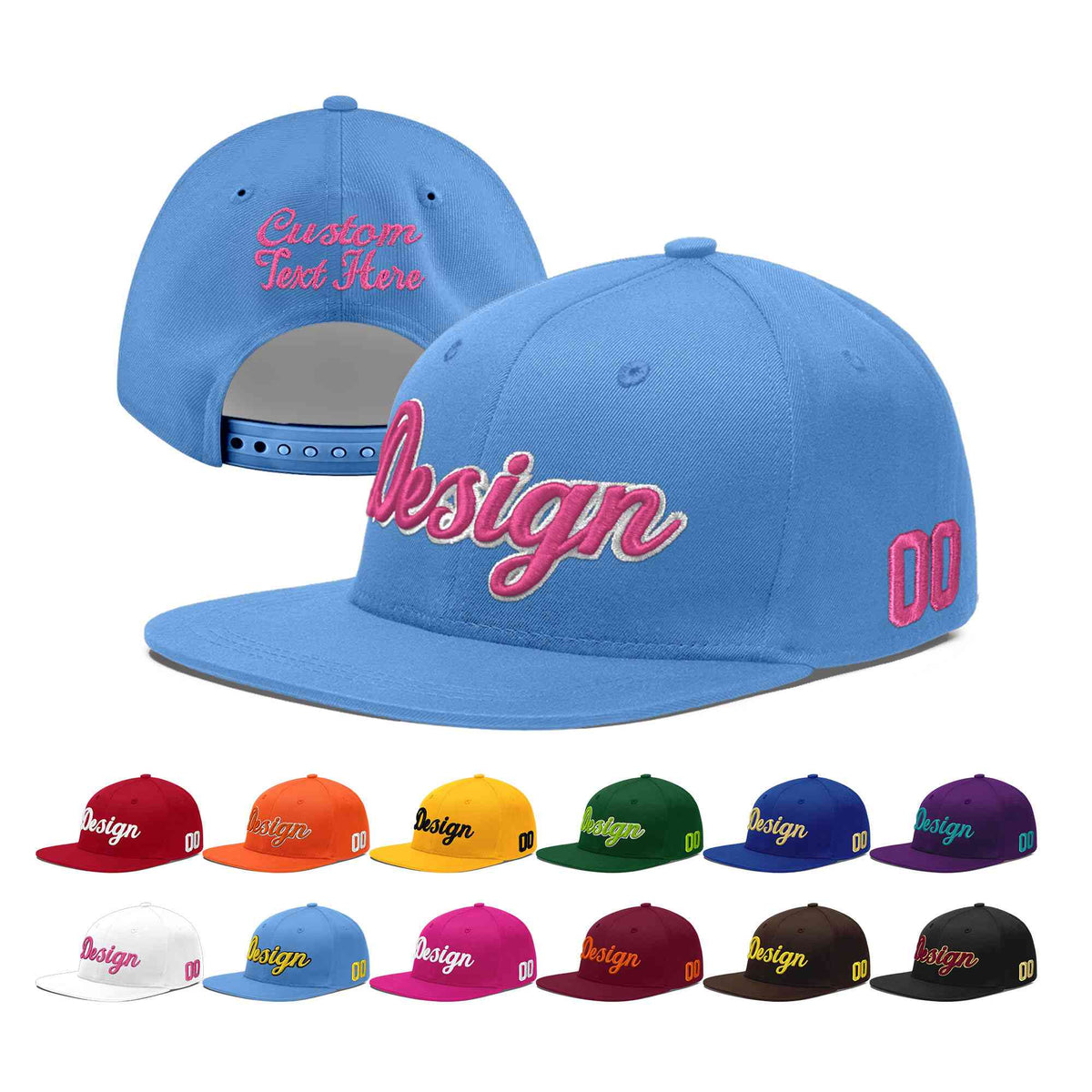 Custom Powder Blue 3D Puff Embroidery Flat Embroidery Casual Sport Baseball Cap