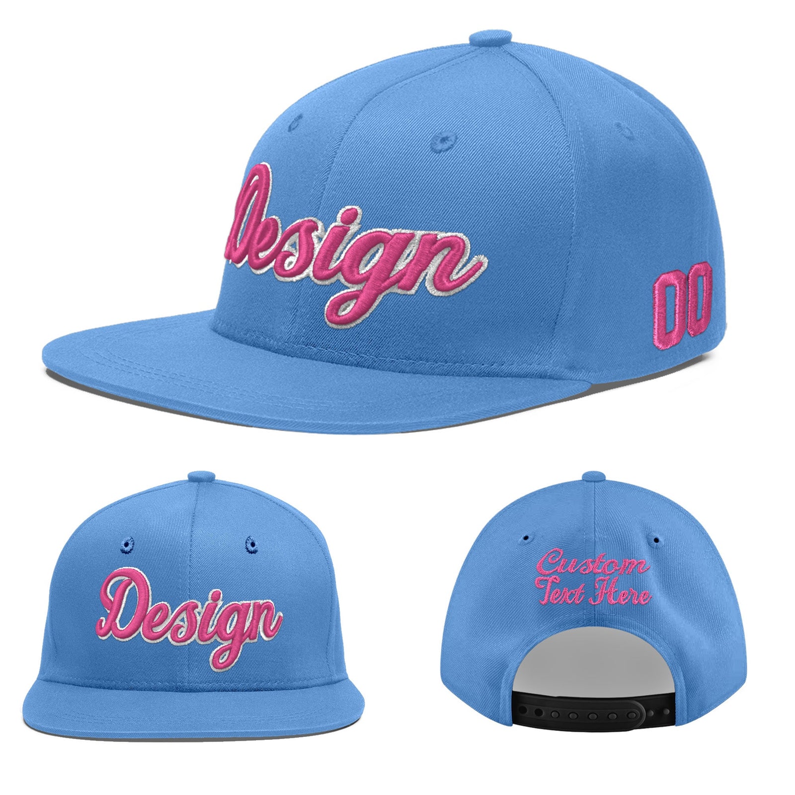 Custom Powder Blue 3D Puff Embroidery Flat Embroidery Casual Sport Baseball Cap