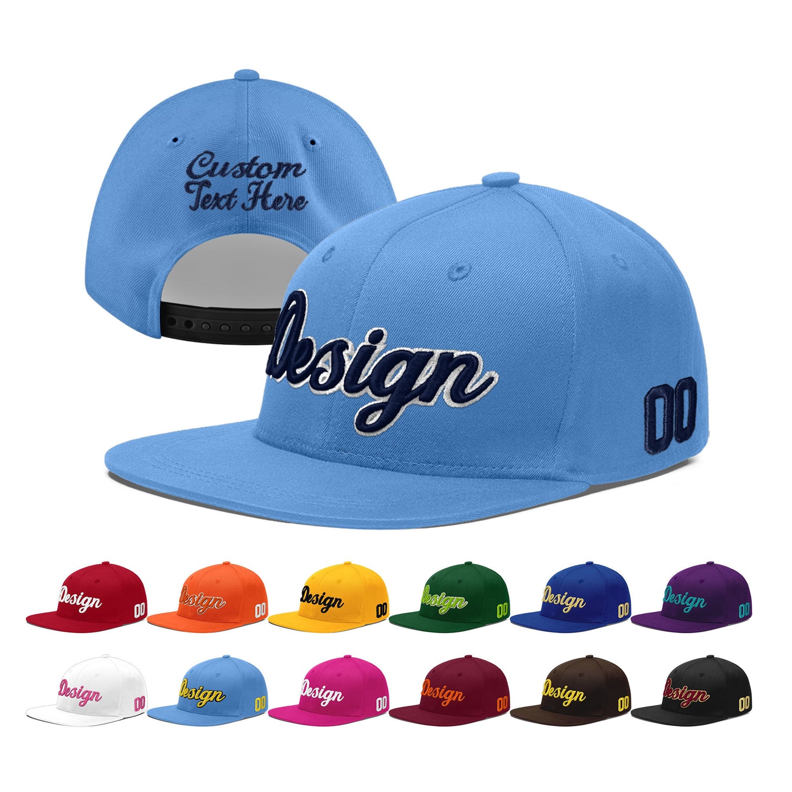 Custom Powder Blue 3D Puff Embroidery Flat Embroidery Casual Sport Baseball Cap