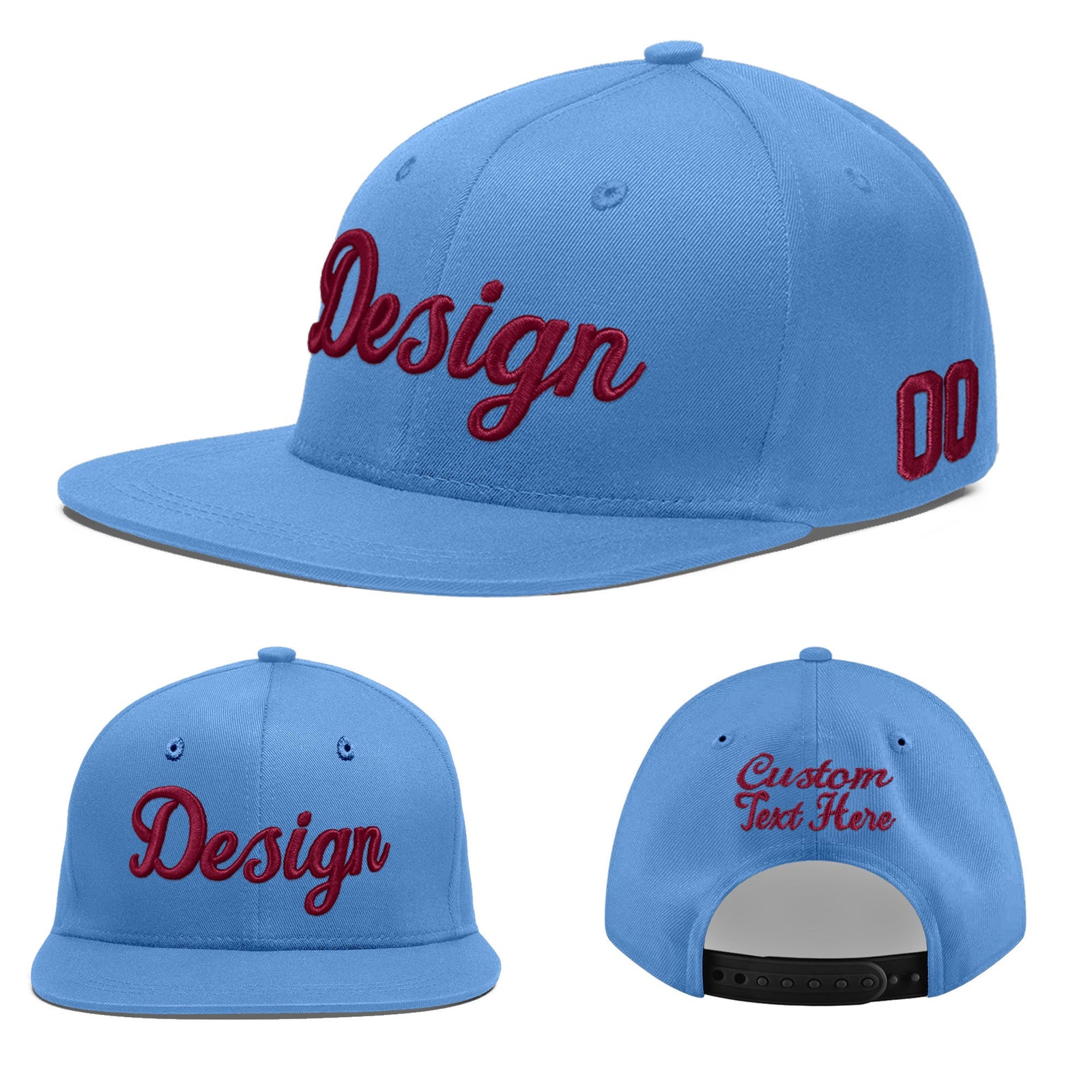 Custom Powder Blue 3D Puff Embroidery Flat Embroidery Casual Sport Baseball Cap