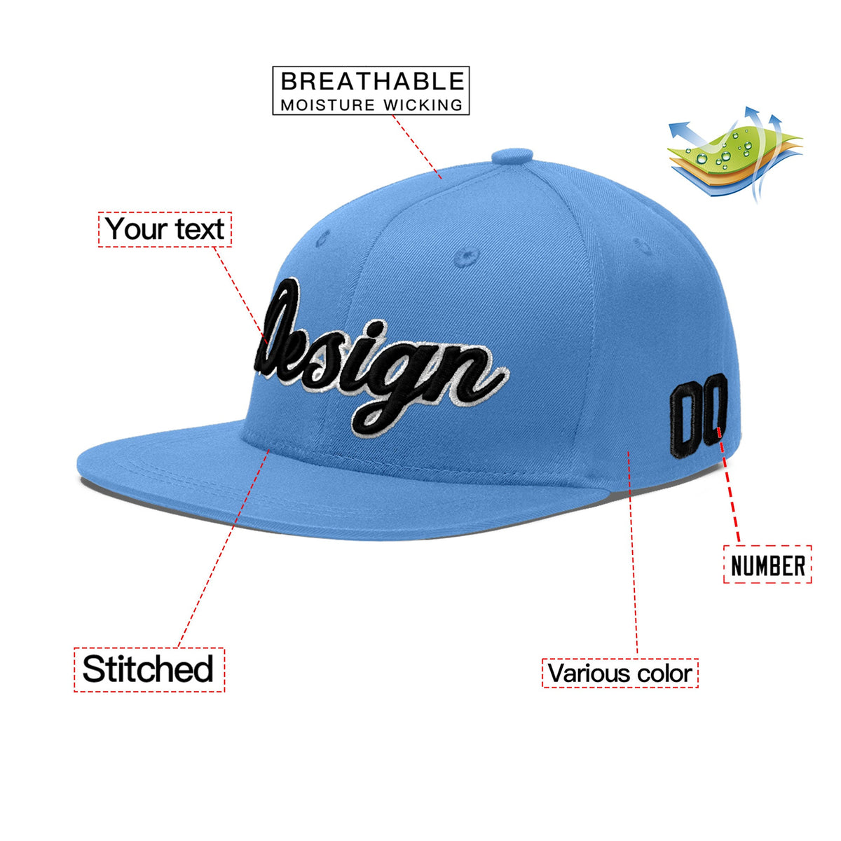 Custom Powder Blue 3D Puff Embroidery Flat Embroidery Casual Sport Baseball Cap