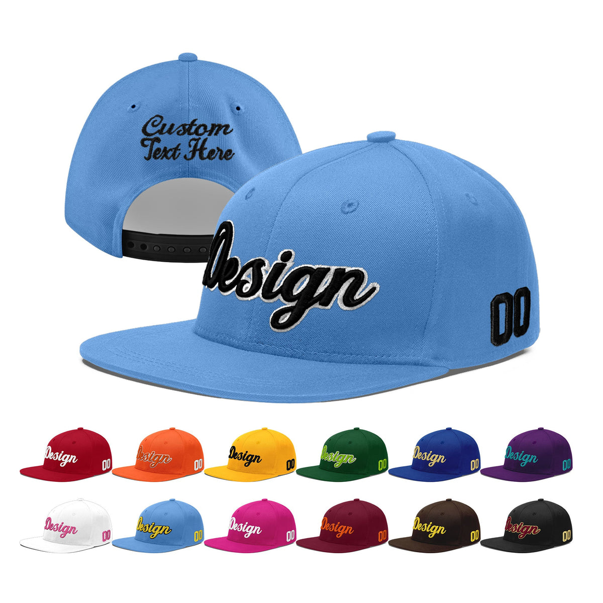 Custom Powder Blue 3D Puff Embroidery Flat Embroidery Casual Sport Baseball Cap