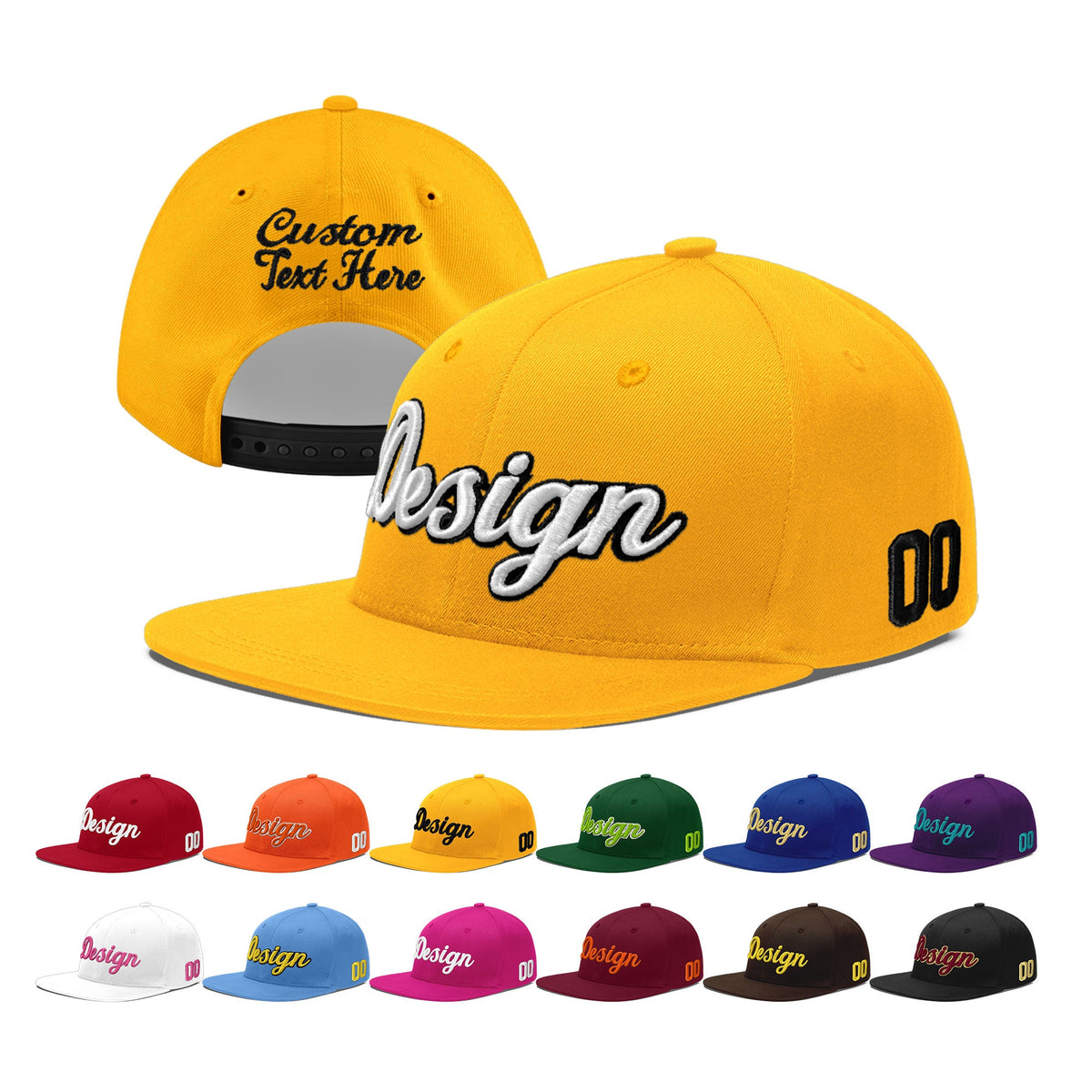Custom Yellow 3D Puff Embroidery Flat Embroidery Casual Sport Baseball Cap