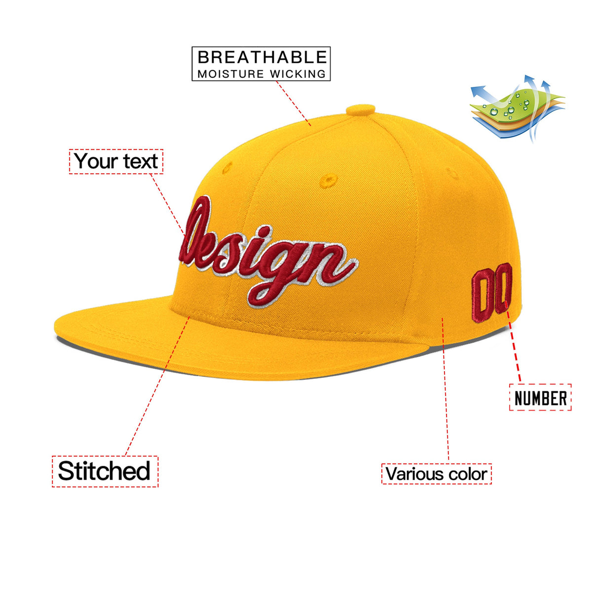 Custom Yellow 3D Puff Embroidery Flat Embroidery Casual Sport Baseball Cap