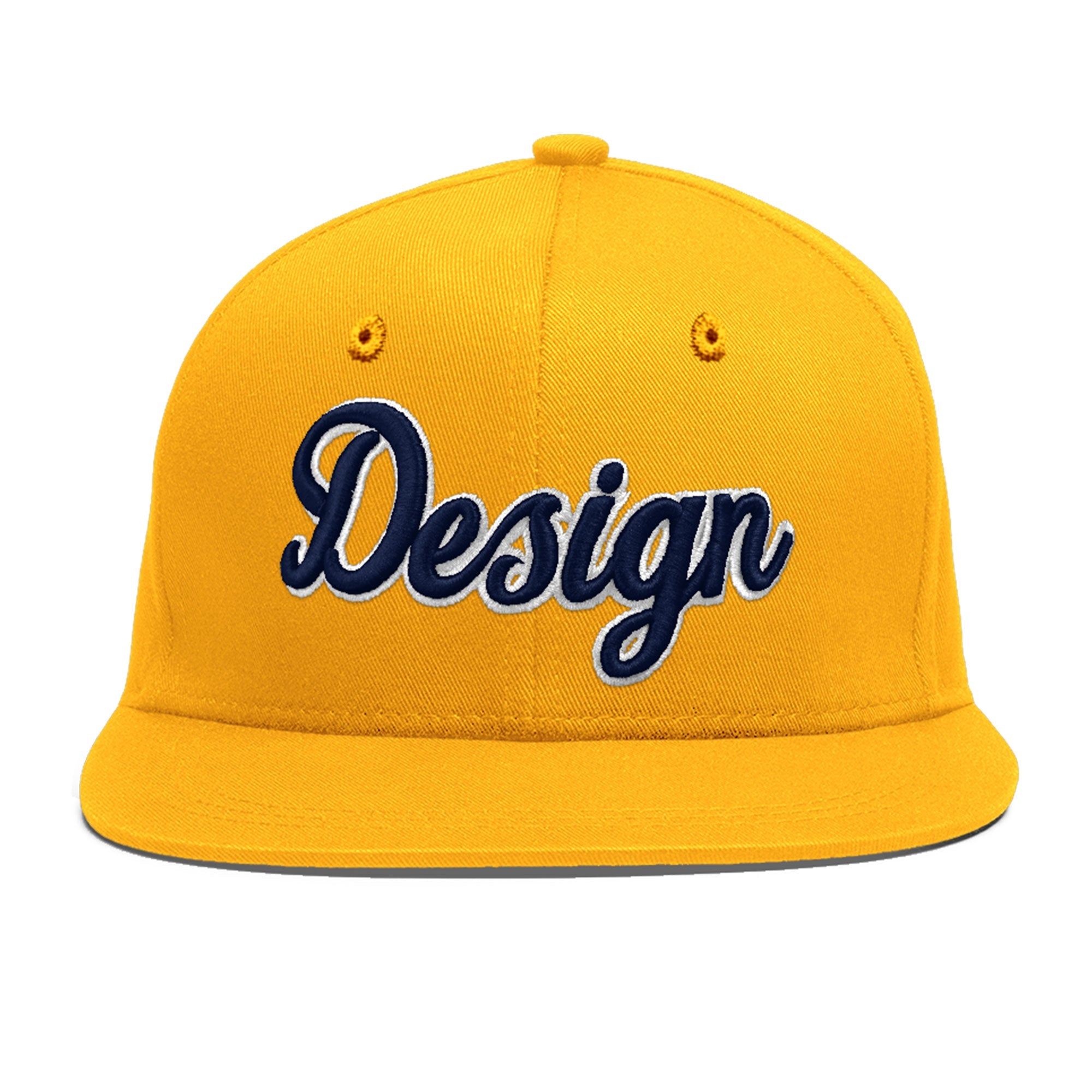 Custom Yellow Navy-White 3D Puff Embroidery Flat Embroidery Casual Sport Baseball Cap