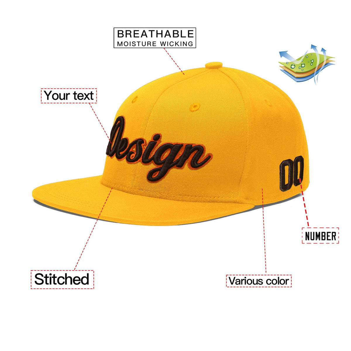 Custom Yellow 3D Puff Embroidery Flat Embroidery Casual Sport Baseball Cap