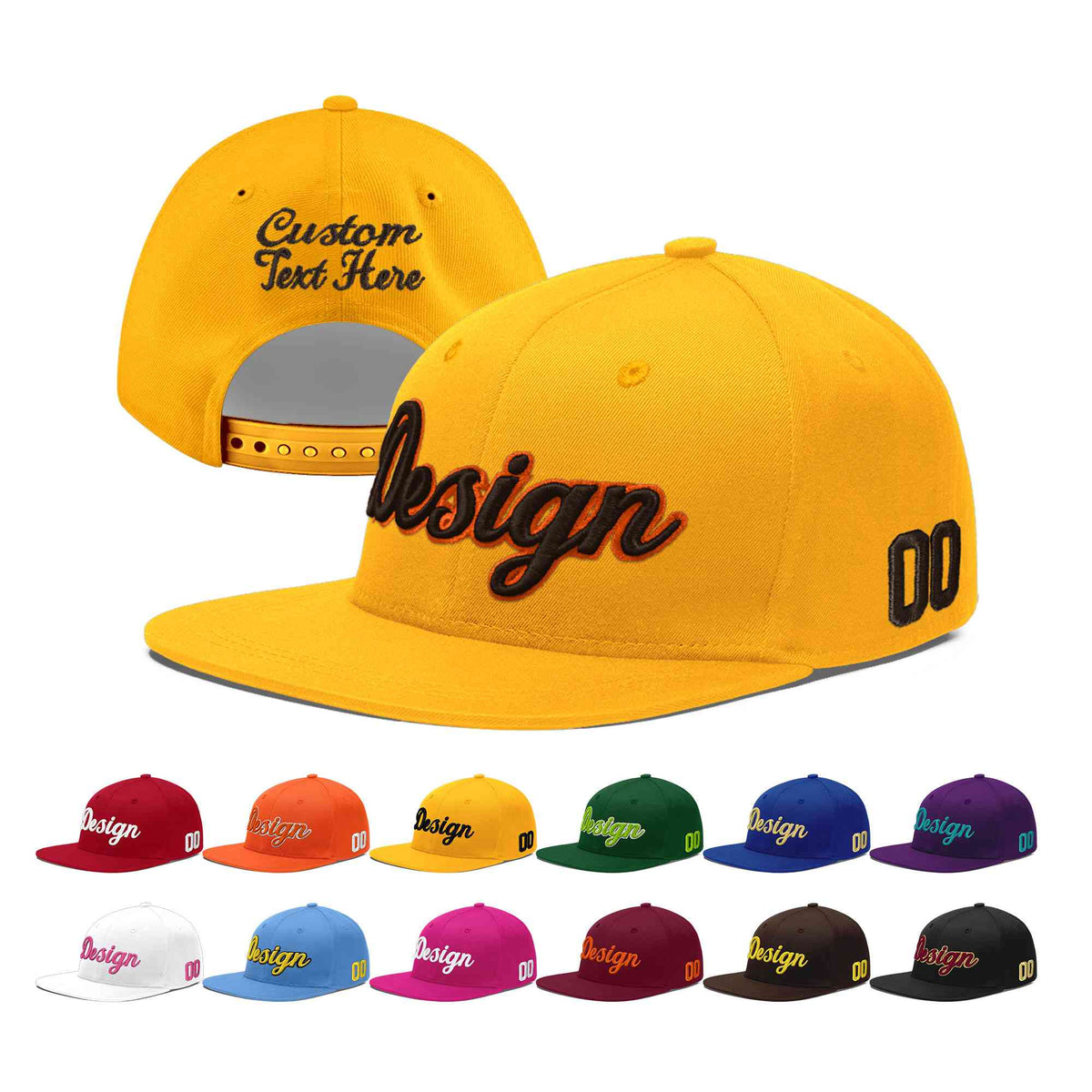 Custom Yellow 3D Puff Embroidery Flat Embroidery Casual Sport Baseball Cap
