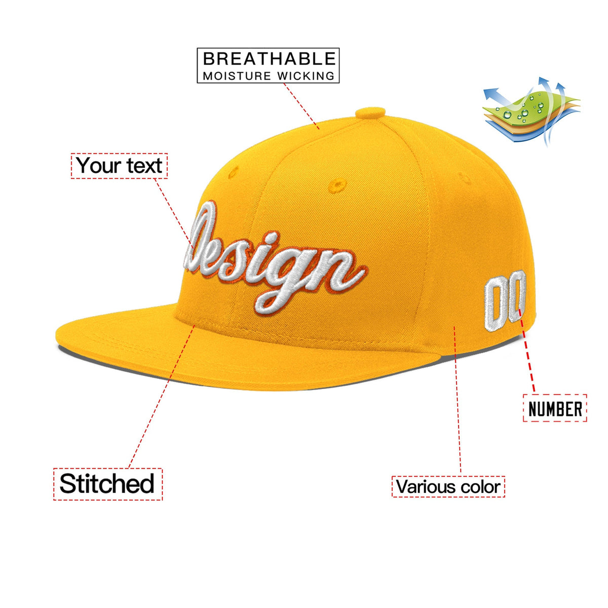 Custom Yellow 3D Puff Embroidery Flat Embroidery Casual Sport Baseball Cap