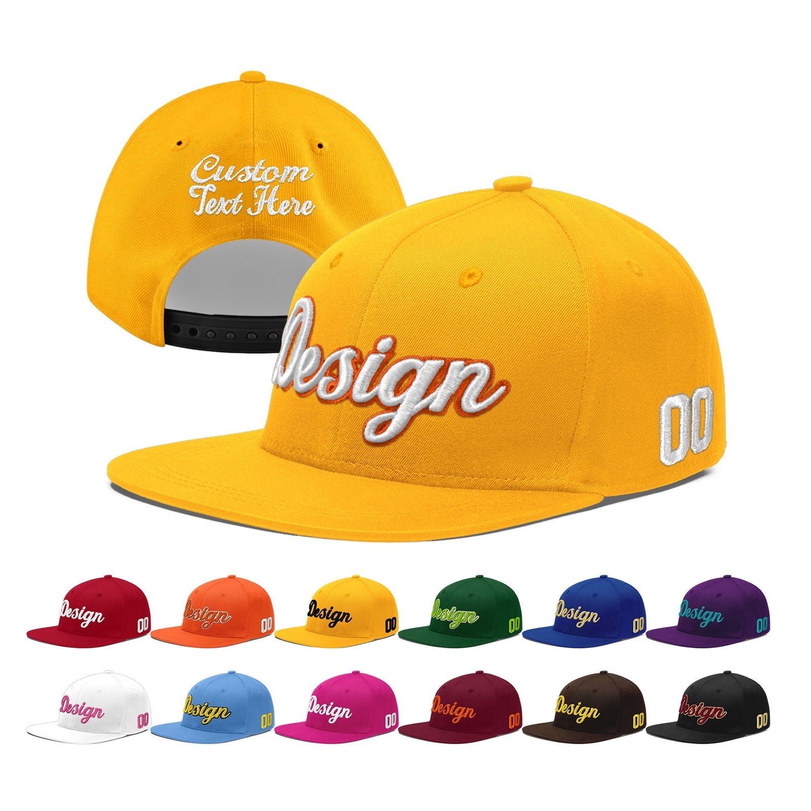 Custom Yellow 3D Puff Embroidery Flat Embroidery Casual Sport Baseball Cap