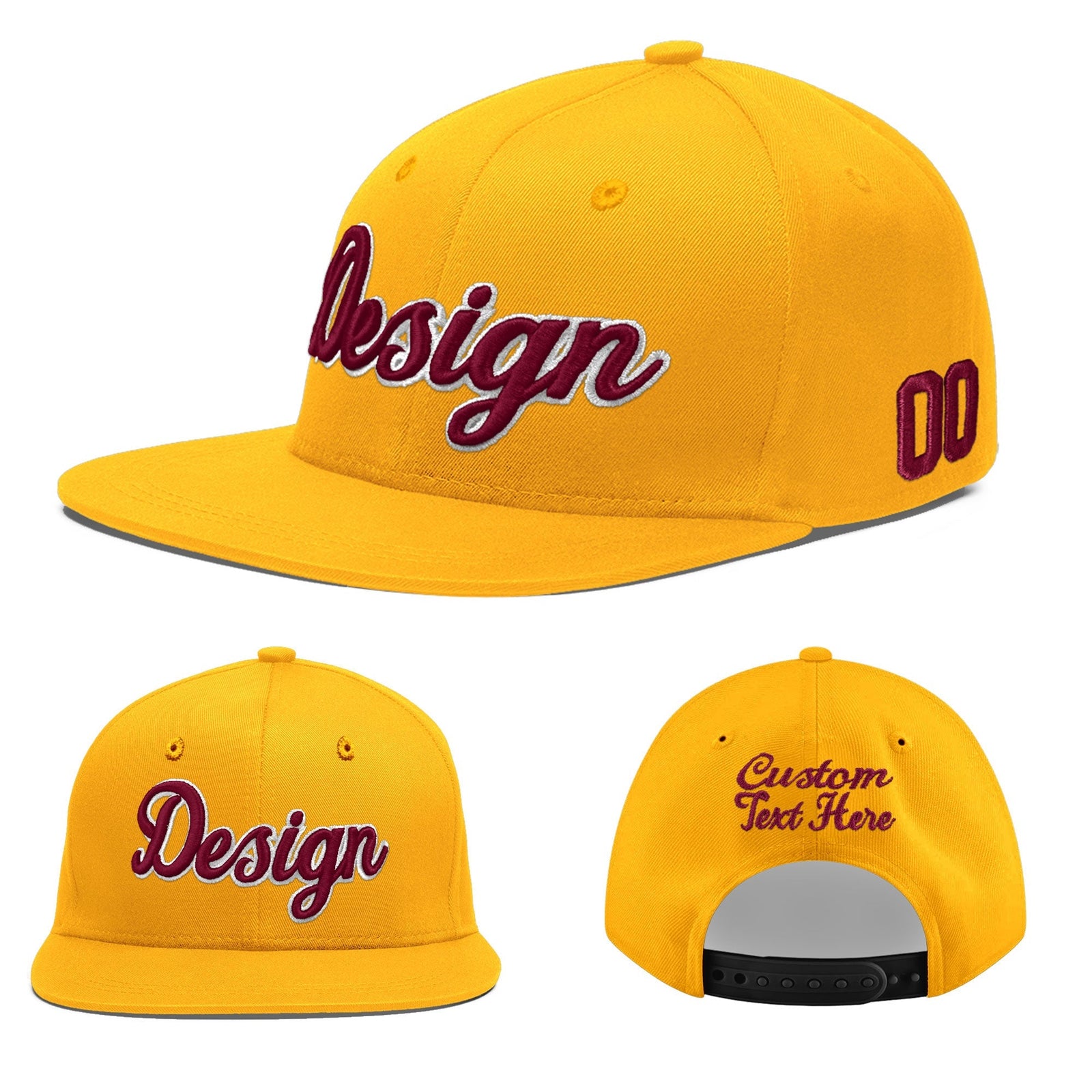 Custom Yellow 3D Puff Embroidery Flat Embroidery Casual Sport Baseball Cap