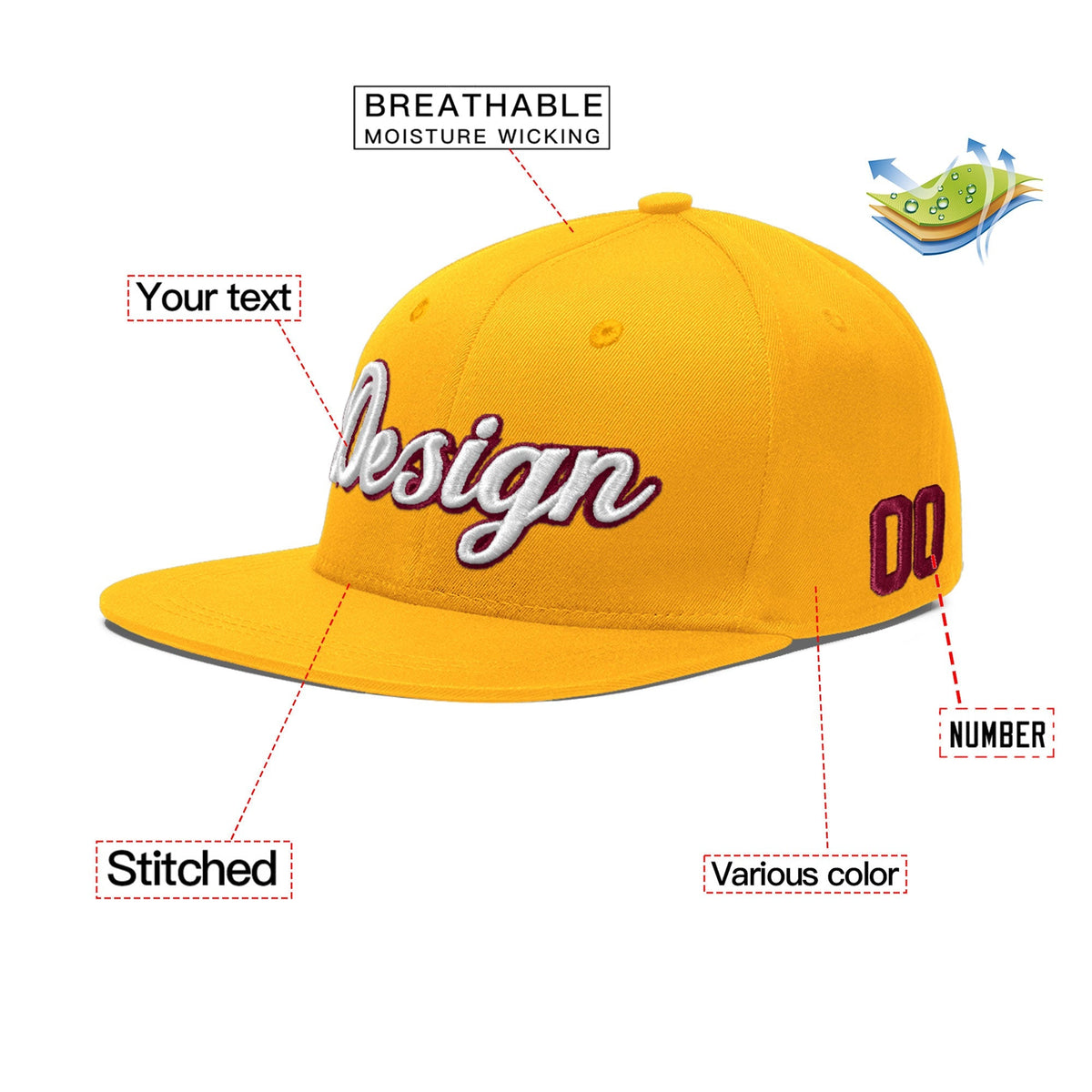 Custom Yellow 3D Puff Embroidery Flat Embroidery Casual Sport Baseball Cap