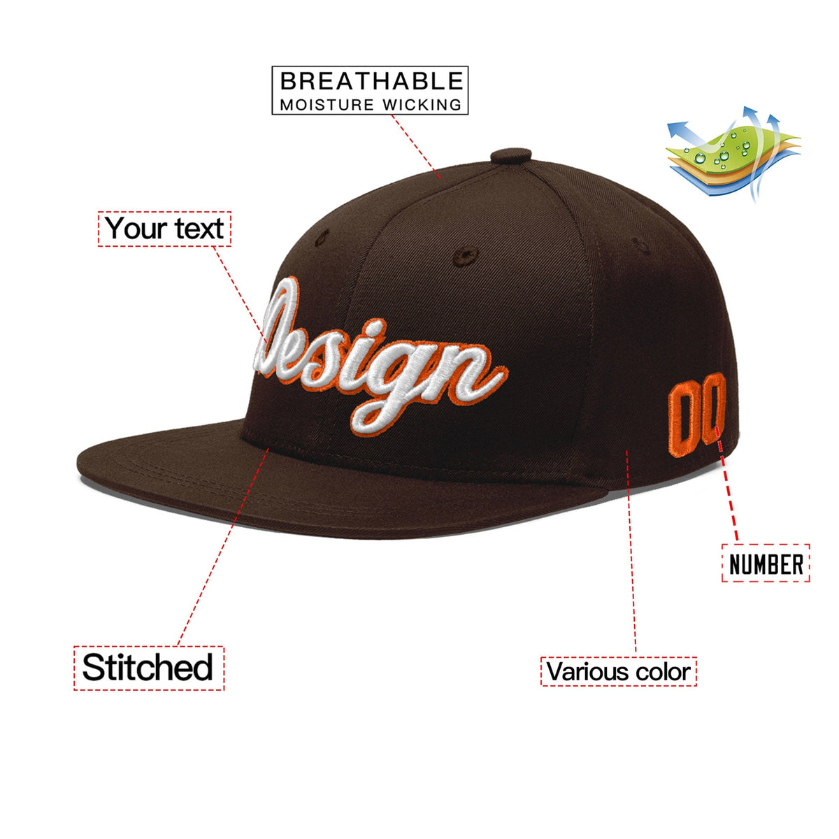 Custom Brown 3D Puff Embroidery Flat Embroidery Casual Sport Baseball Cap