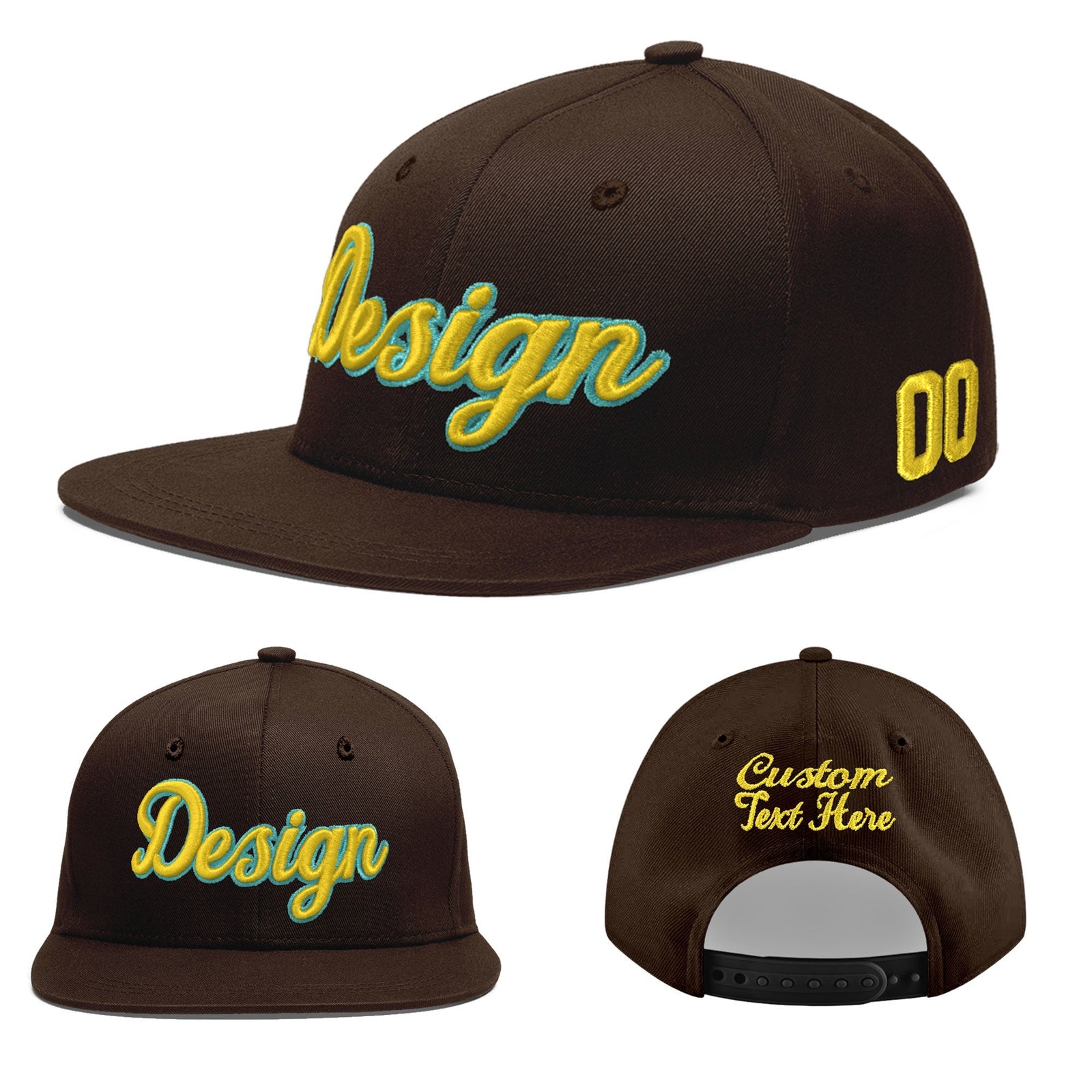 Custom Brown 3D Puff Embroidery Flat Embroidery Casual Sport Baseball Cap