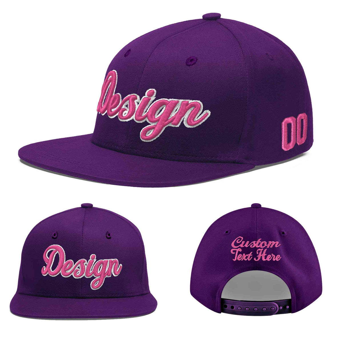 Custom Purple 3D Puff Embroidery Flat Embroidery Casual Sport Baseball Cap