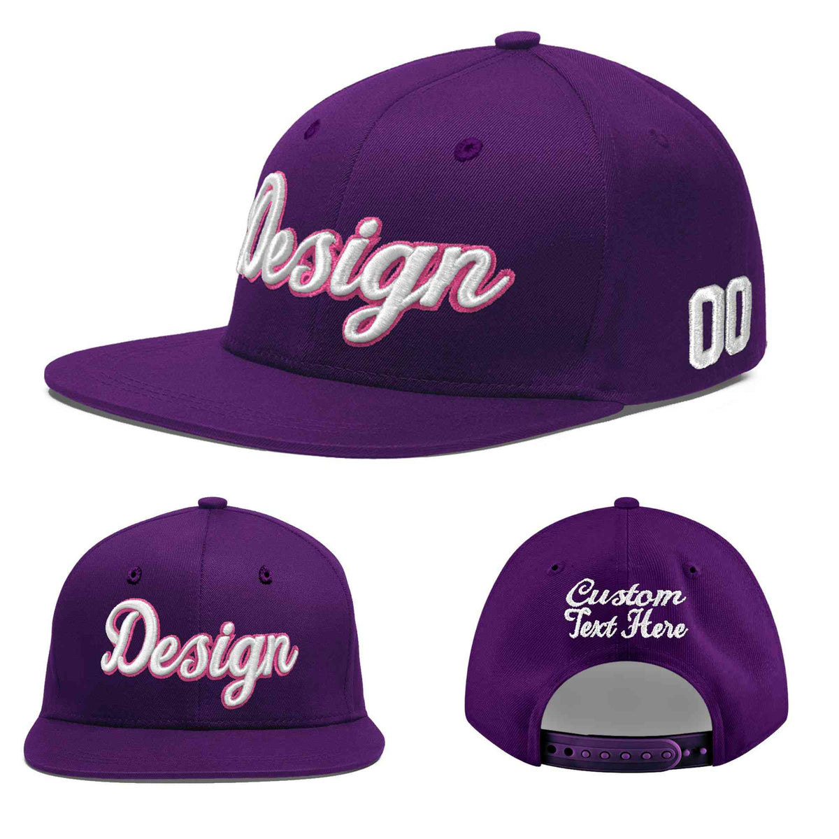 Custom Purple 3D Puff Embroidery Flat Embroidery Casual Sport Baseball Cap