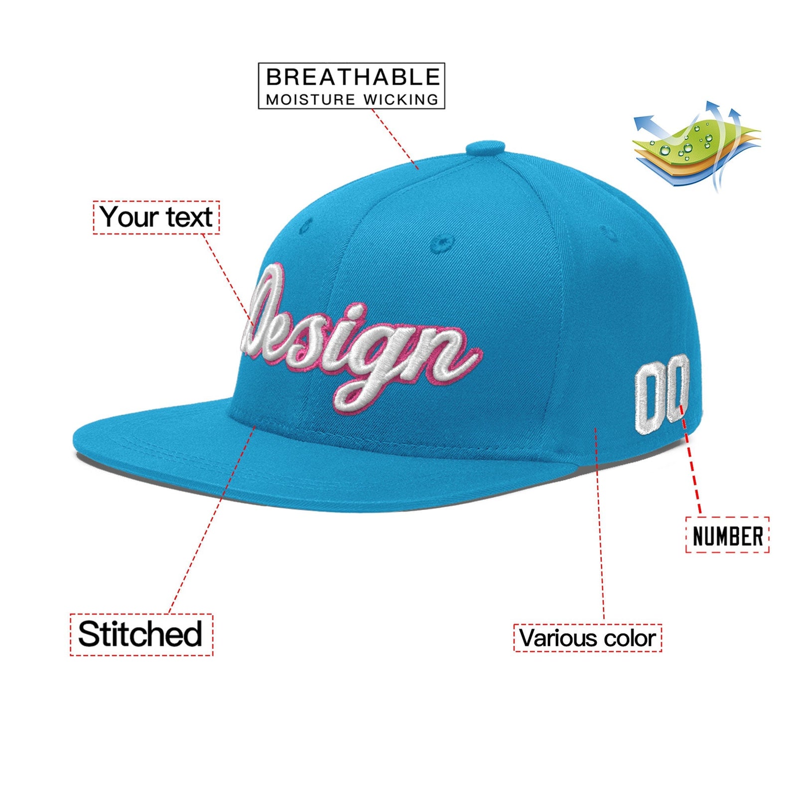 Custom Light Blue 3D Puff Embroidery Flat Embroidery Casual Sport Baseball Cap