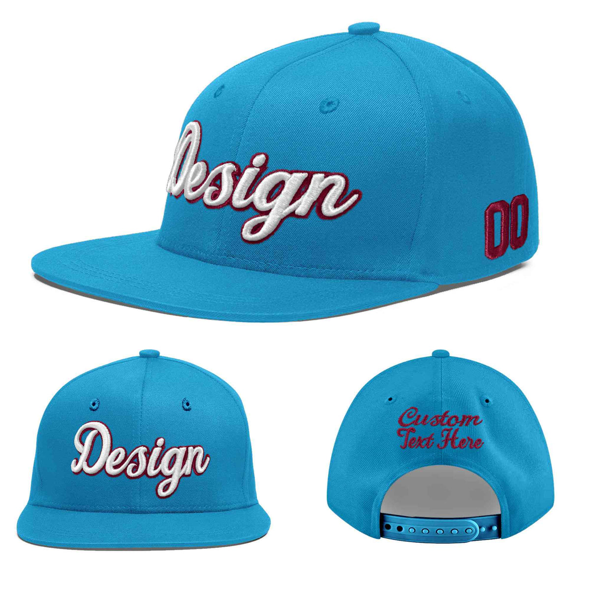 Custom Light Blue 3D Puff Embroidery Flat Embroidery Casual Sport Baseball Cap