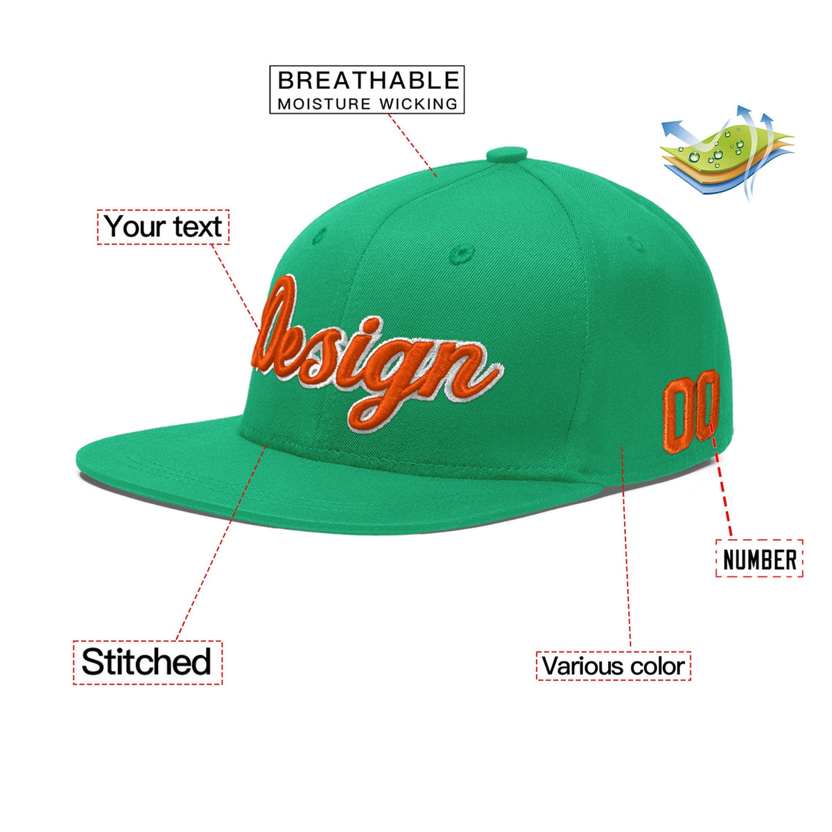 Custom Aqua 3D Puff Embroidery Flat Embroidery Casual Sport Baseball Cap