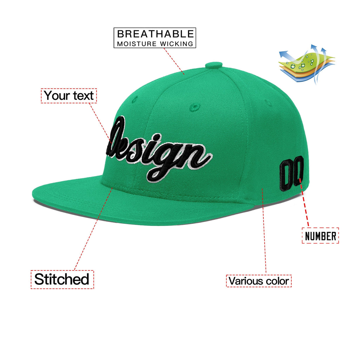 Custom Aqua 3D Puff Embroidery Flat Embroidery Casual Sport Baseball Cap
