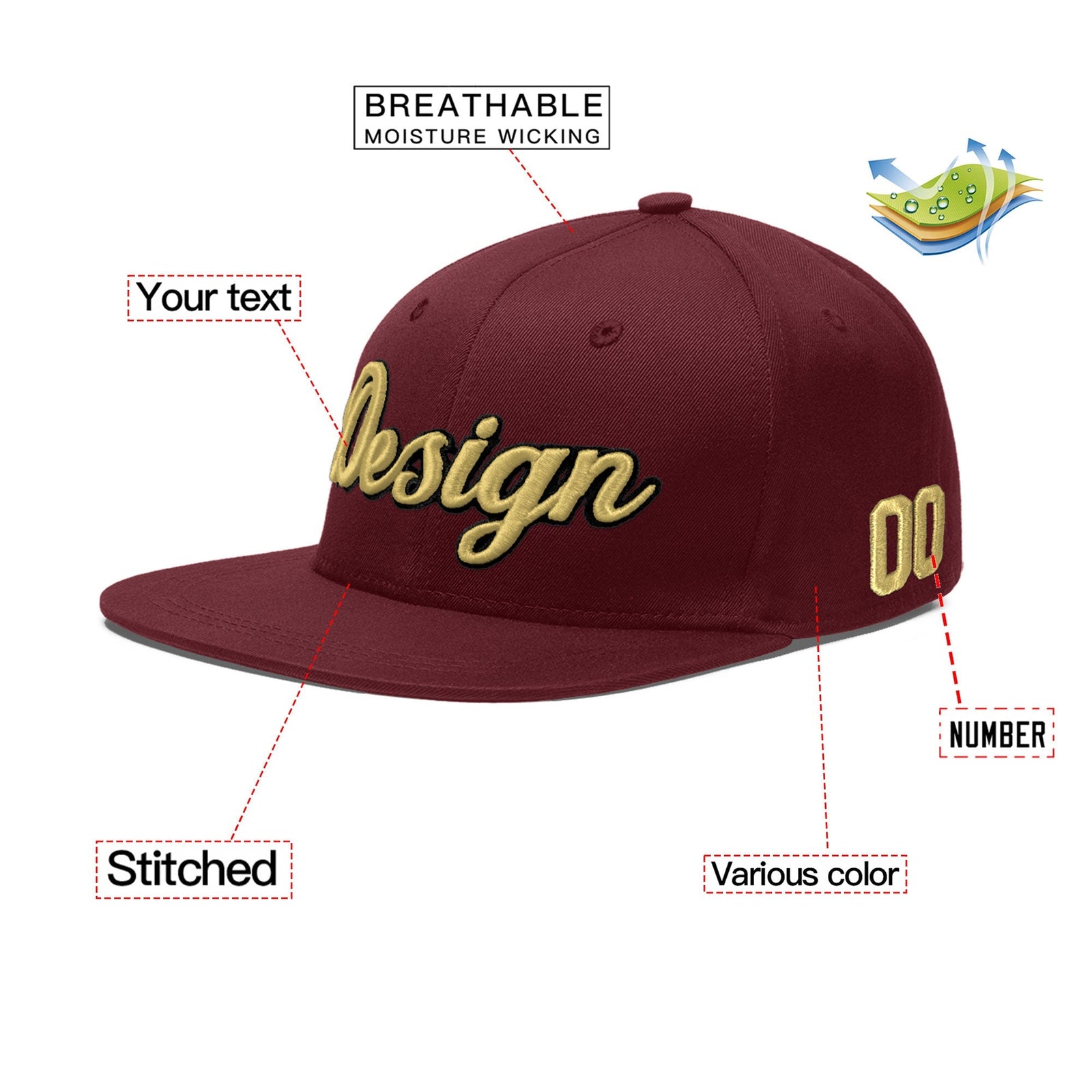 Custom Maroon 3D Puff Embroidery Flat Embroidery Casual Sport Baseball Cap