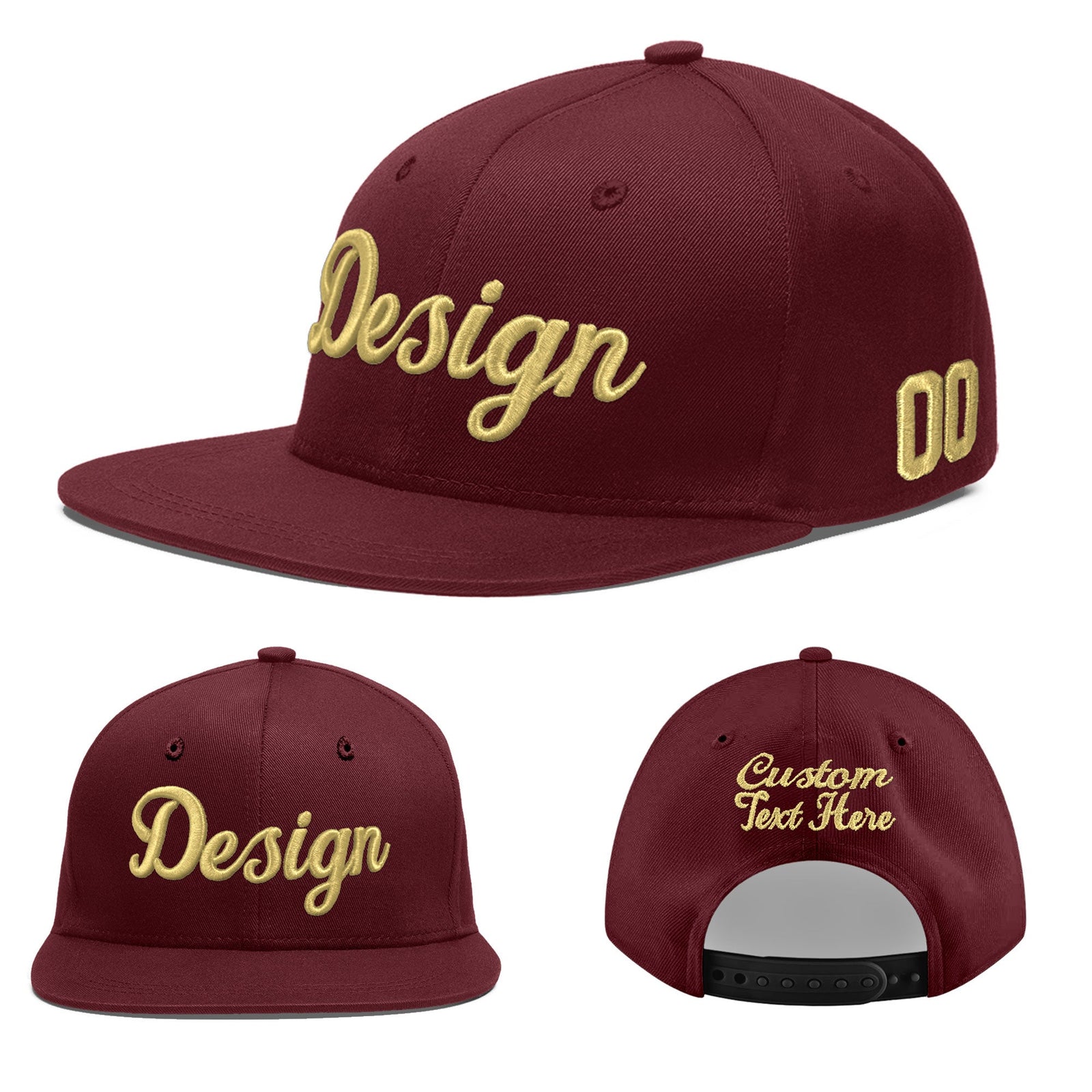 Custom Maroon 3D Puff Embroidery Flat Embroidery Casual Sport Baseball Cap
