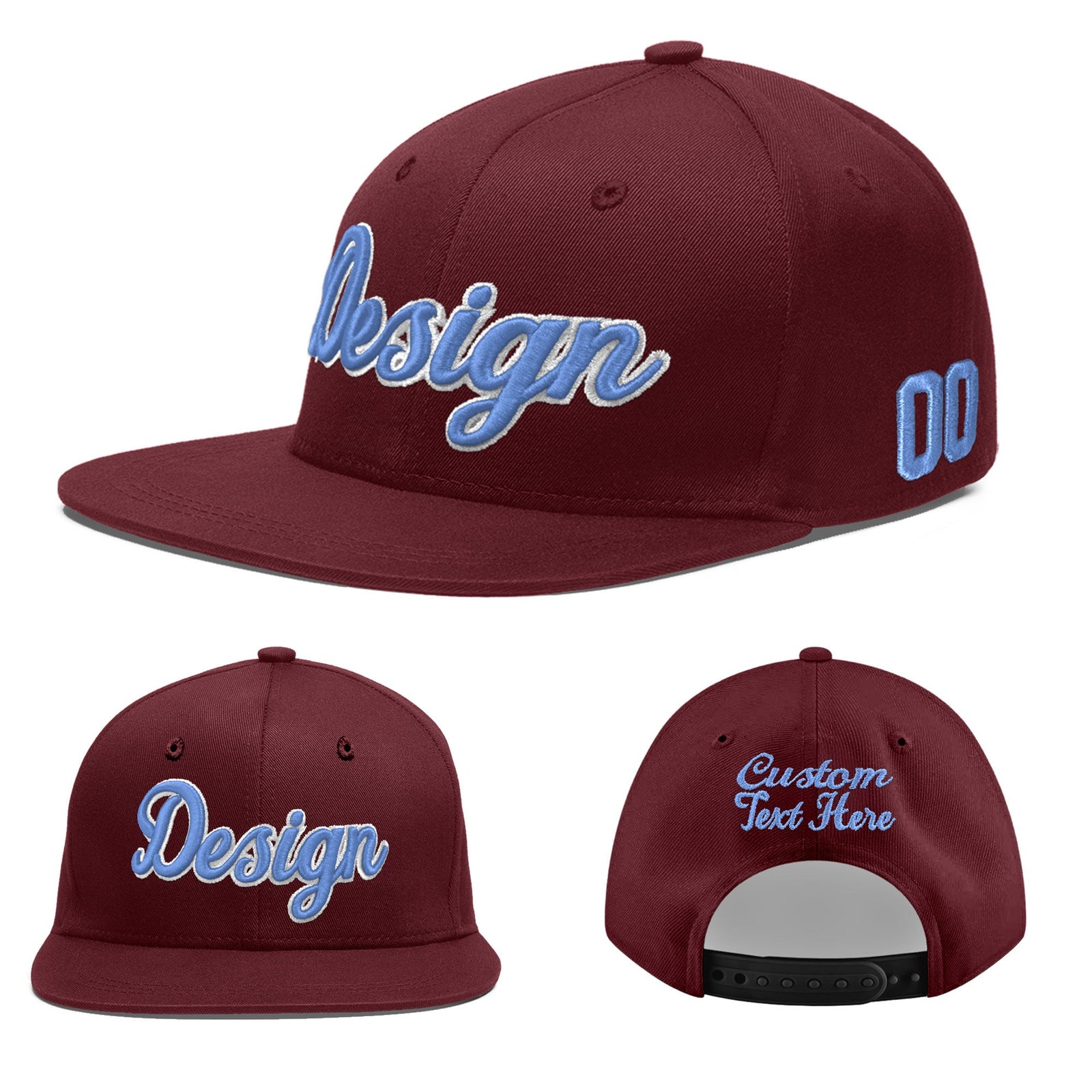 Custom Maroon 3D Puff Embroidery Flat Embroidery Casual Sport Baseball Cap