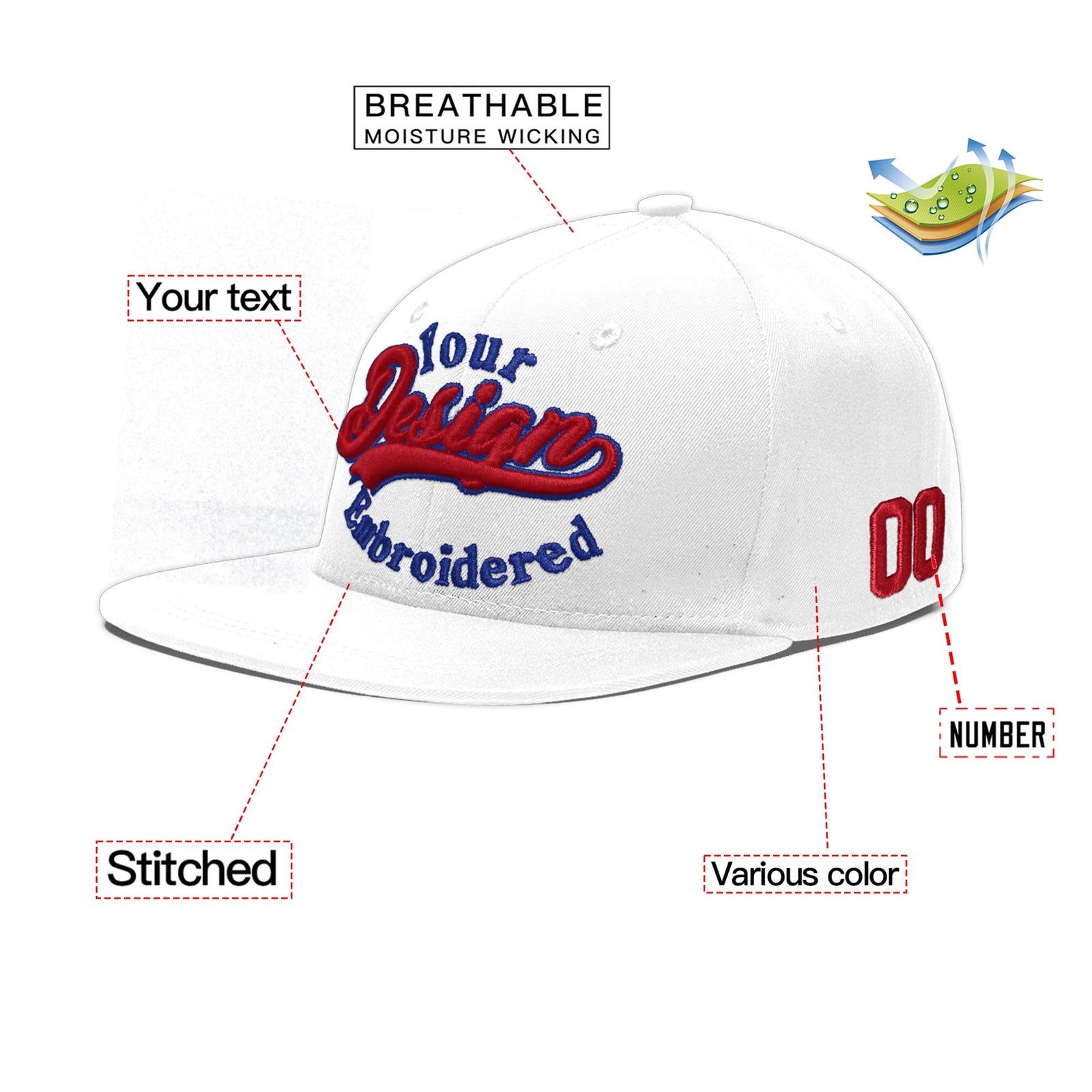 Custom White 3D Puff Embroidery Flat Embroidery Casual Sport Baseball Cap