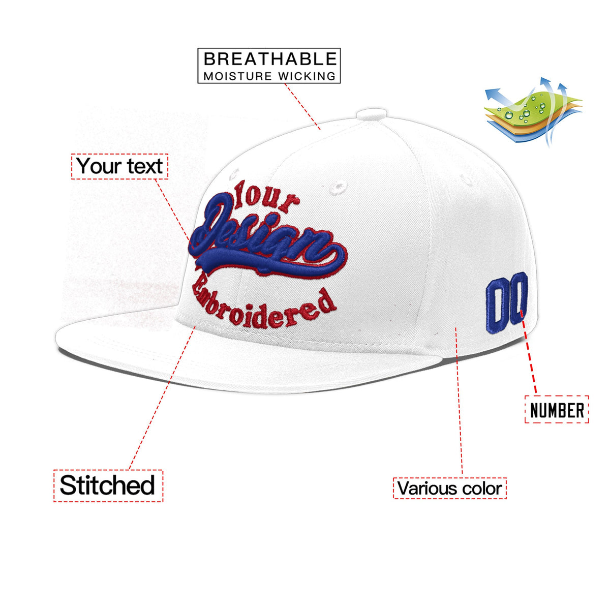 Custom White 3D Puff Embroidery Flat Embroidery Casual Sport Baseball Cap