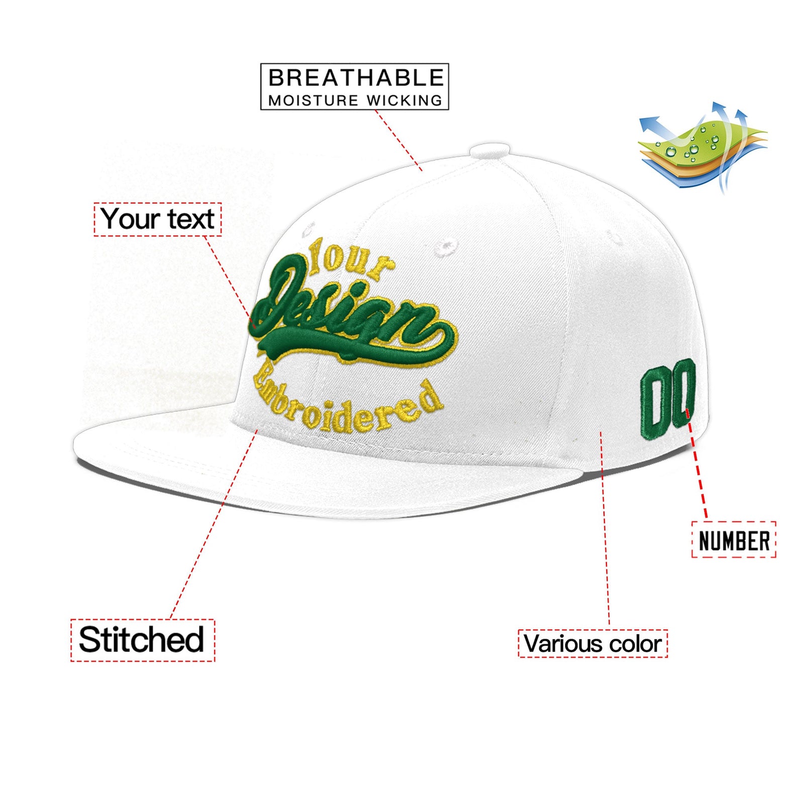 Custom White 3D Puff Embroidery Flat Embroidery Casual Sport Baseball Cap