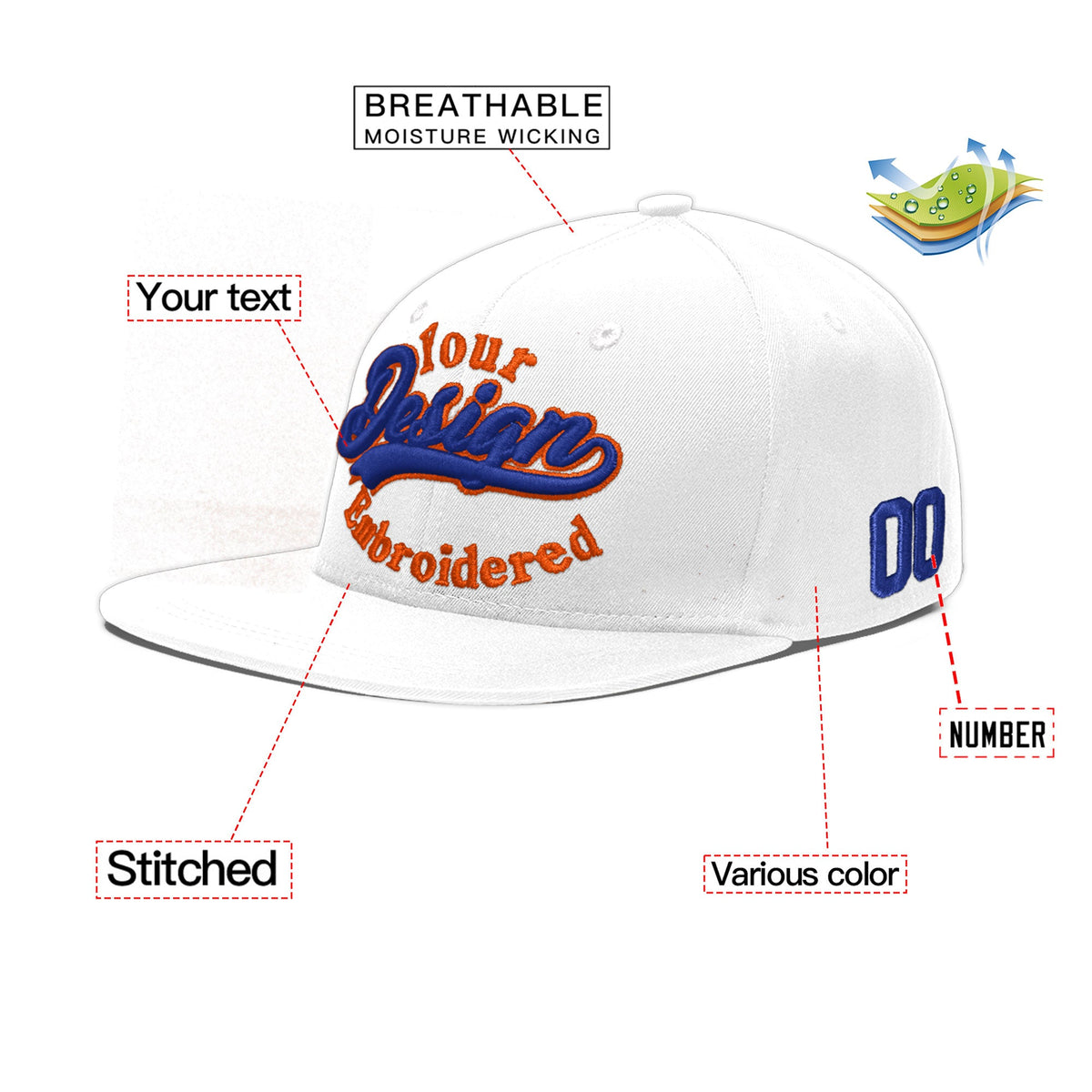 Custom White 3D Puff Embroidery Flat Embroidery Casual Sport Baseball Cap