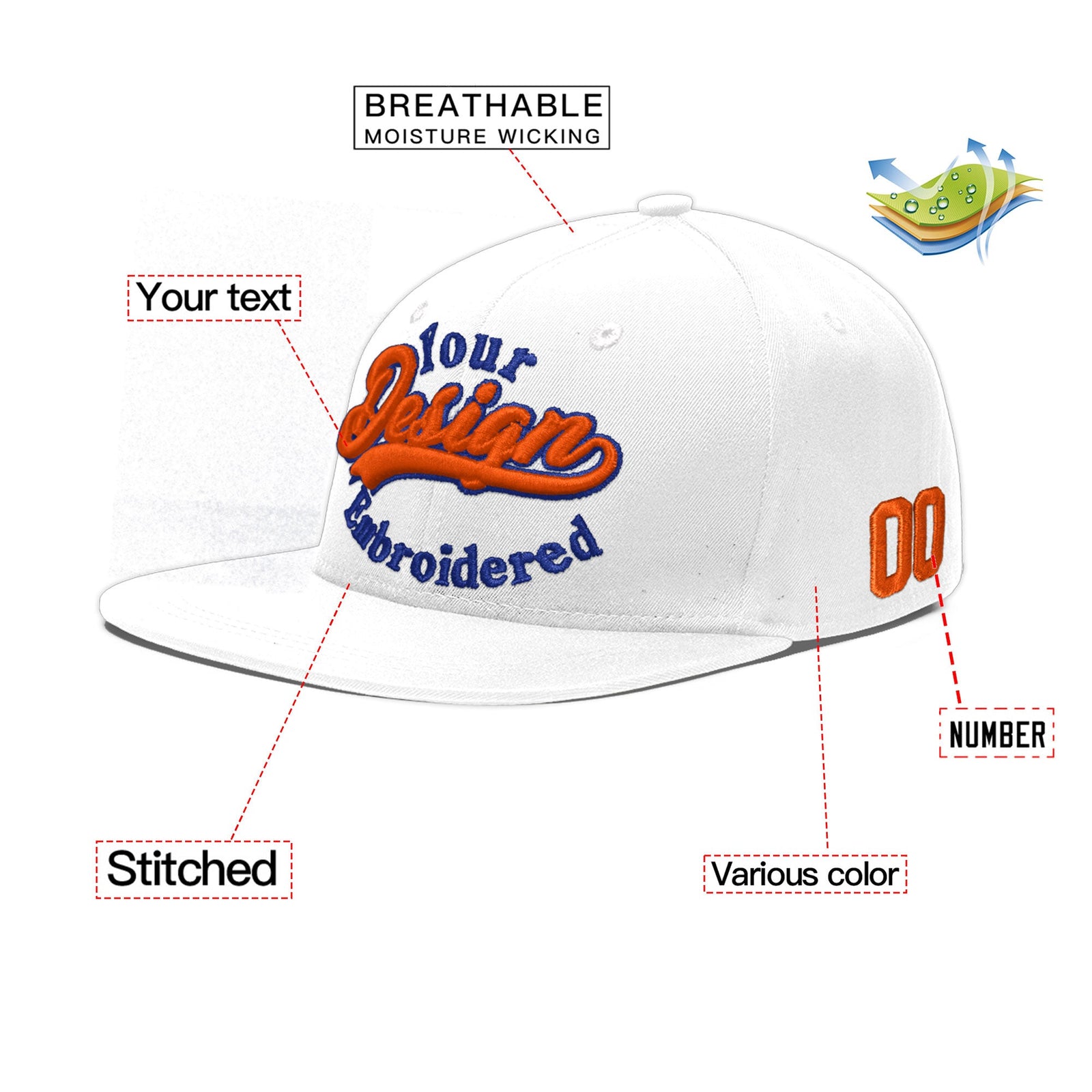 Custom White 3D Puff Embroidery Flat Embroidery Casual Sport Baseball Cap