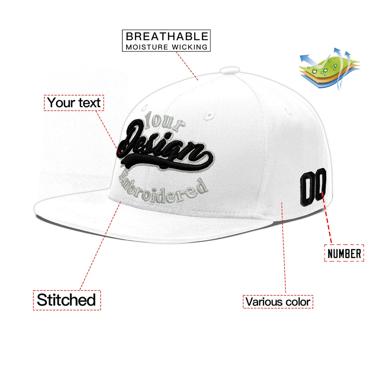 Custom White 3D Puff Embroidery Flat Embroidery Casual Sport Baseball Cap
