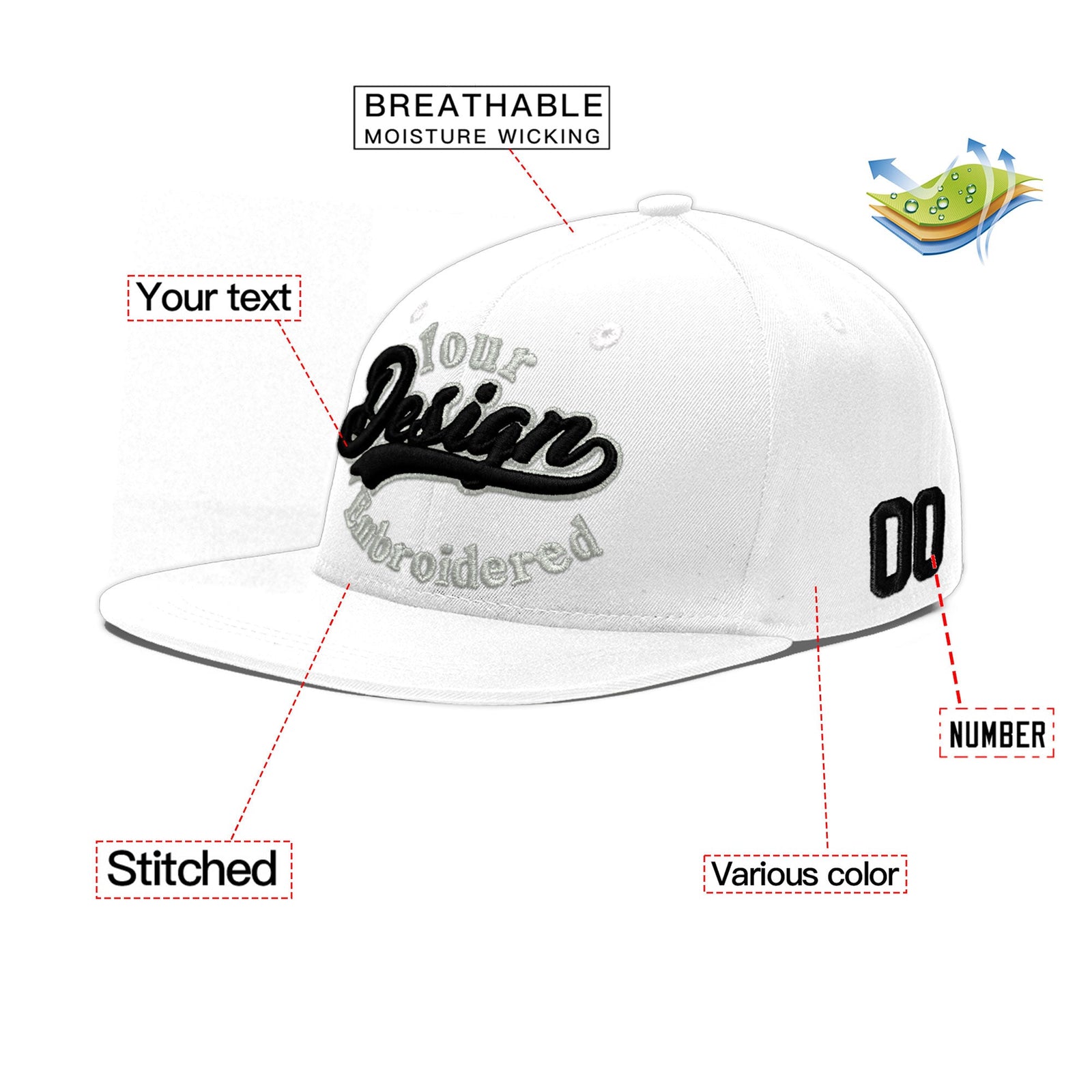 Custom White 3D Puff Embroidery Flat Embroidery Casual Sport Baseball Cap