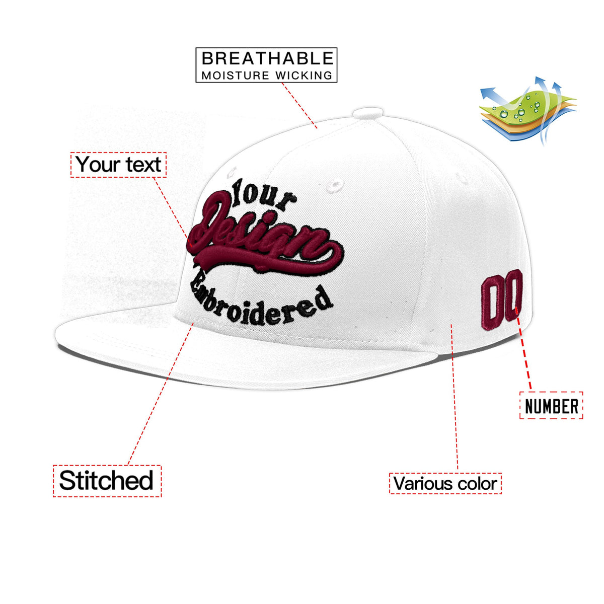 Custom White 3D Puff Embroidery Flat Embroidery Casual Sport Baseball Cap