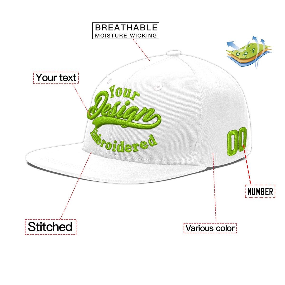 Custom White 3D Puff Embroidery Flat Embroidery Casual Sport Baseball Cap