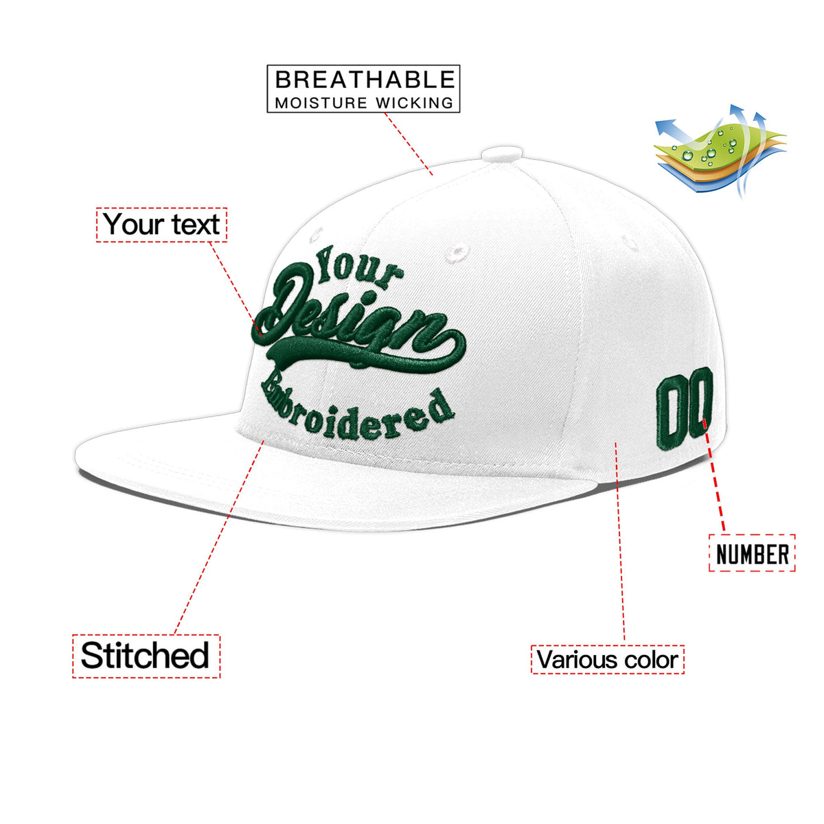 Custom White 3D Puff Embroidery Flat Embroidery Casual Sport Baseball Cap
