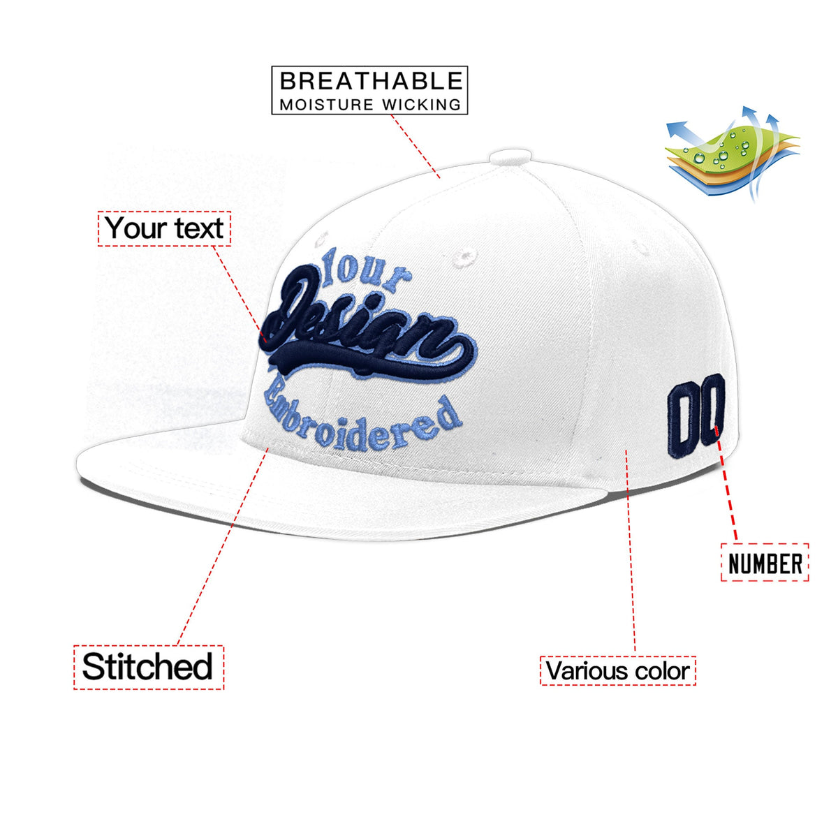 Custom White 3D Puff Embroidery Flat Embroidery Casual Sport Baseball Cap