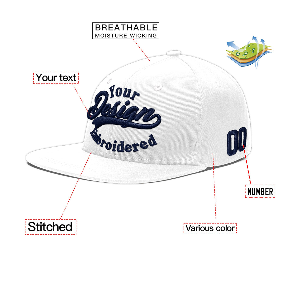 Custom White 3D Puff Embroidery Flat Embroidery Casual Sport Baseball Cap