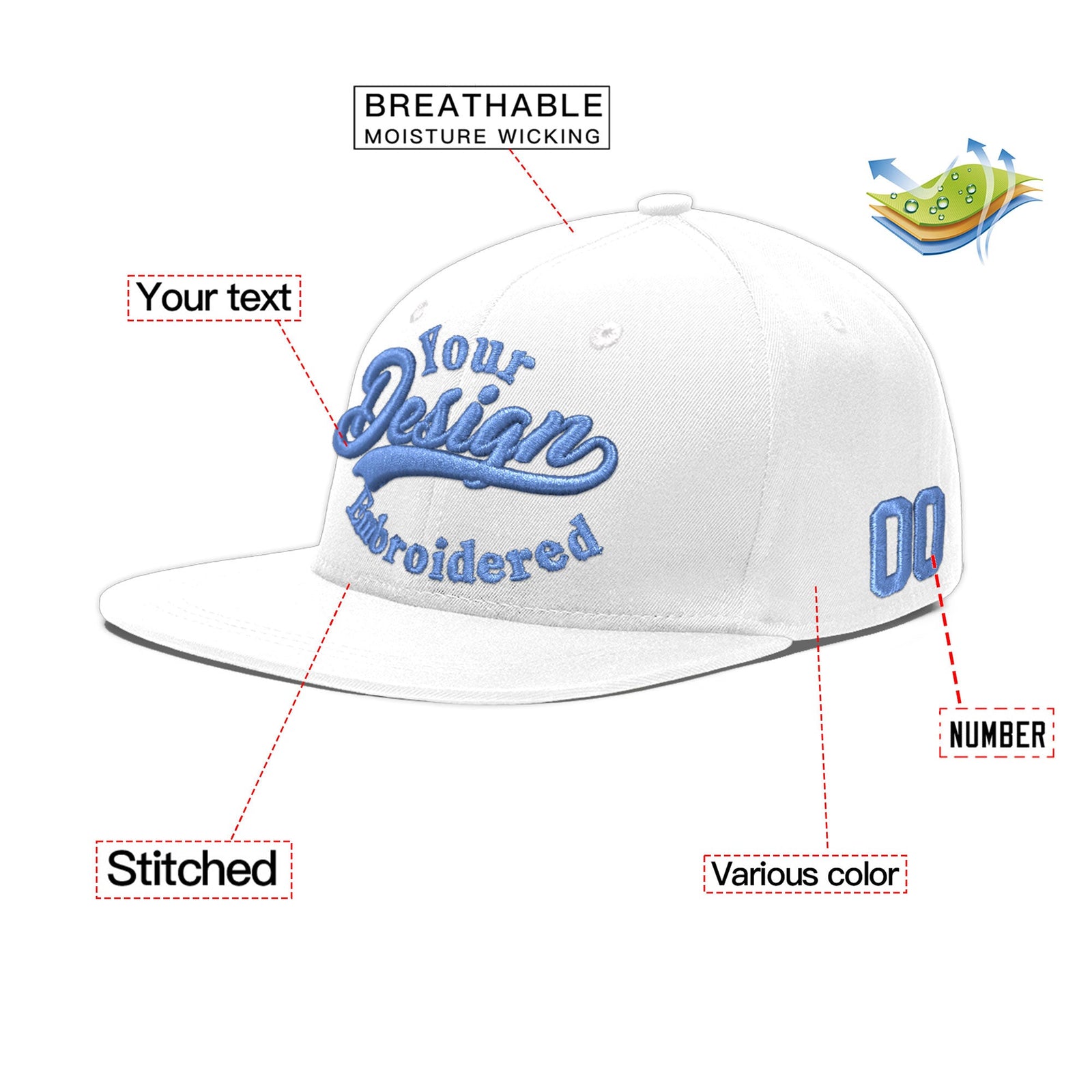 Custom White 3D Puff Embroidery Flat Embroidery Casual Sport Baseball Cap