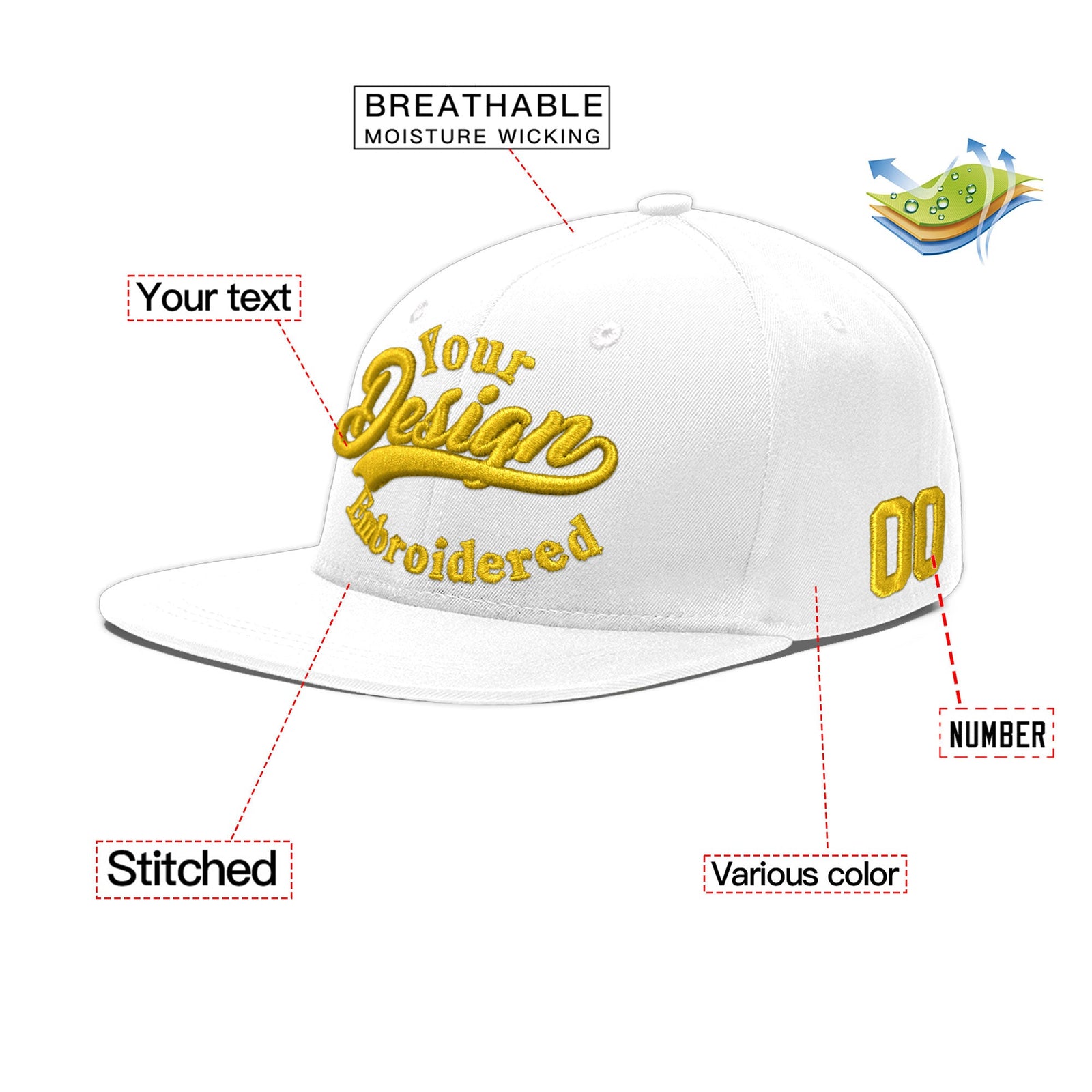 Custom White 3D Puff Embroidery Flat Embroidery Casual Sport Baseball Cap