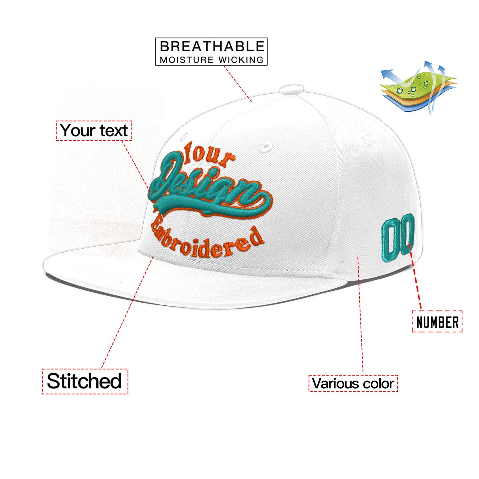 Custom White 3D Puff Embroidery Flat Embroidery Casual Sport Baseball Cap