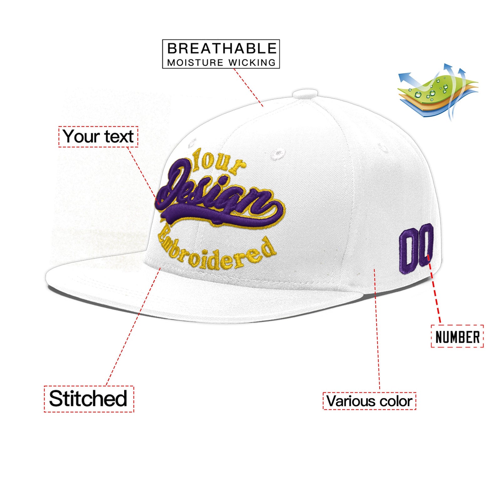 Custom White 3D Puff Embroidery Flat Embroidery Casual Sport Baseball Cap