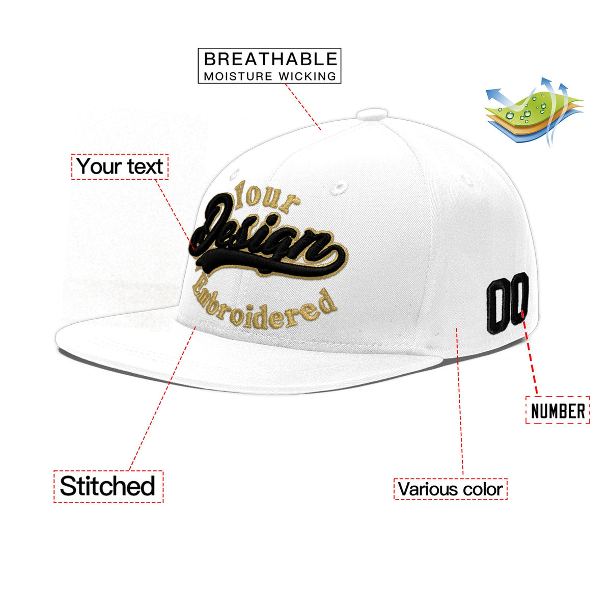 Custom White 3D Puff Embroidery Flat Embroidery Casual Sport Baseball Cap