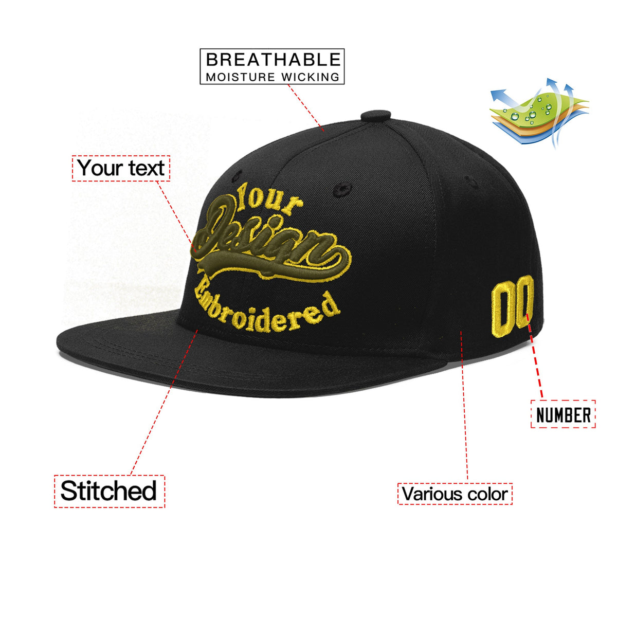 Custom Black 3D Puff Embroidery Flat Embroidery Casual Sport Baseball Cap
