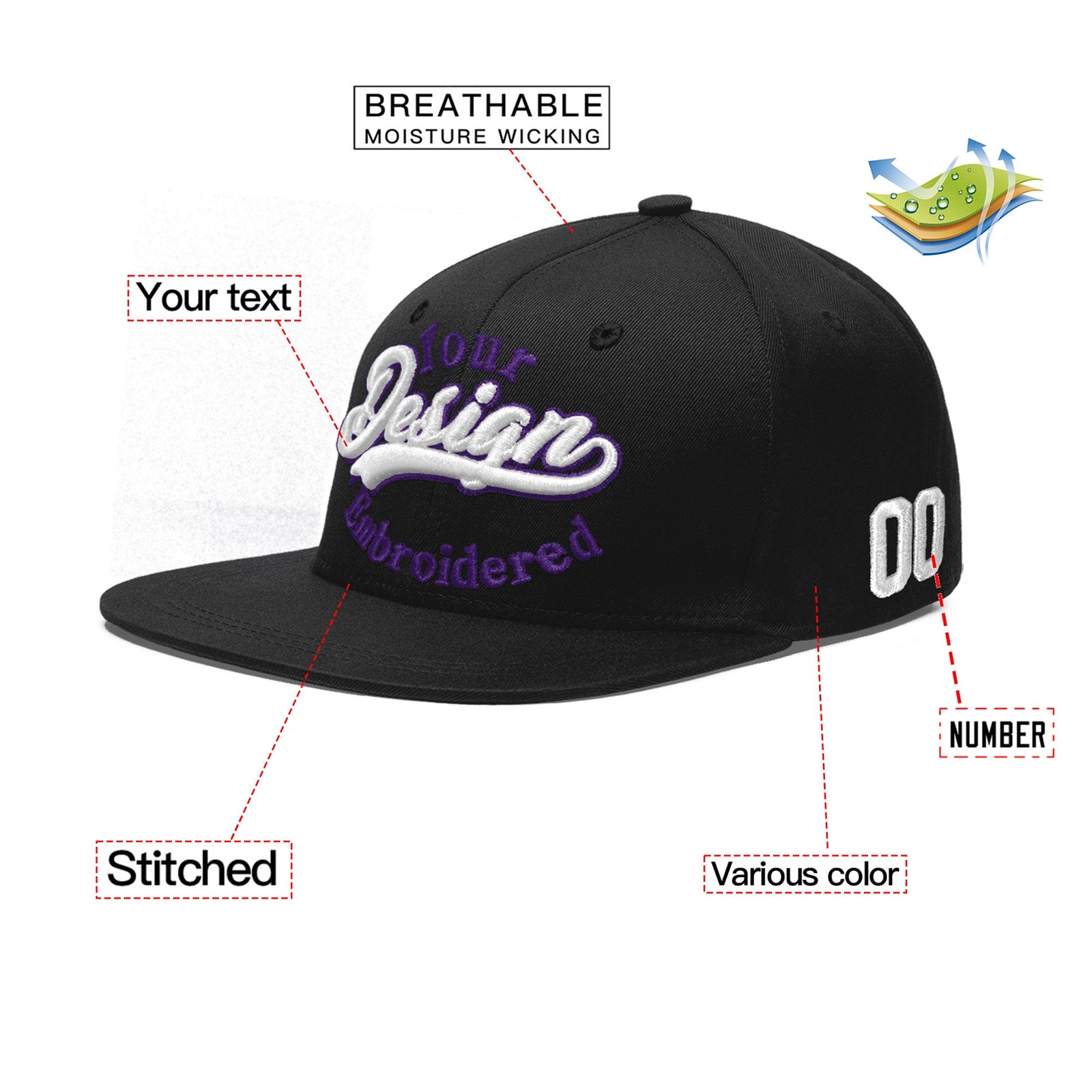 Custom Black 3D Puff Embroidery Flat Embroidery Casual Sport Baseball Cap