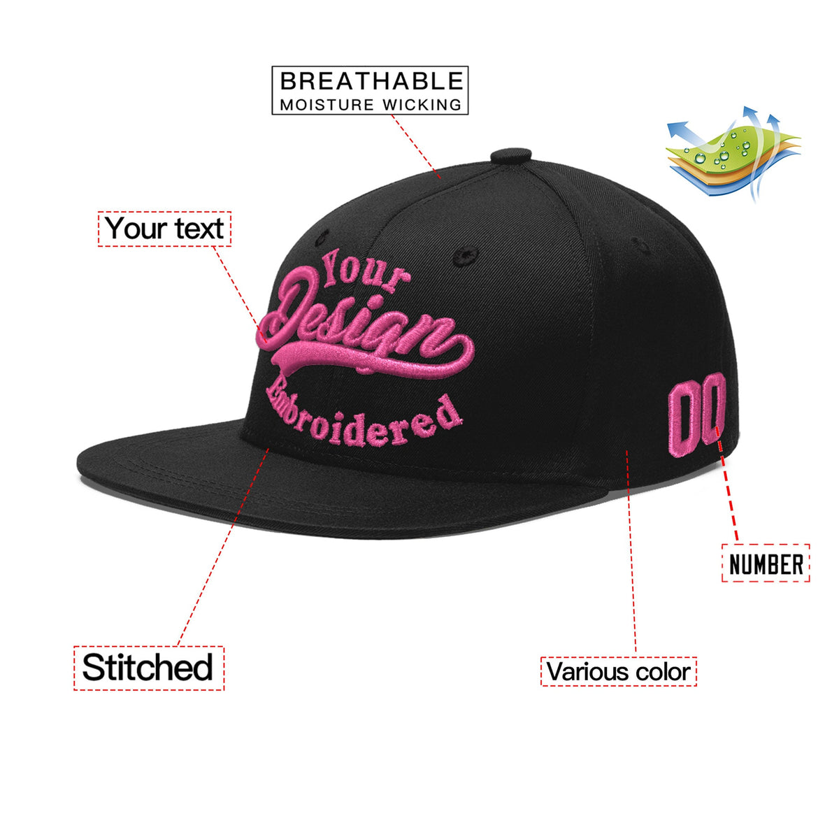 Custom Black 3D Puff Embroidery Flat Embroidery Casual Sport Baseball Cap