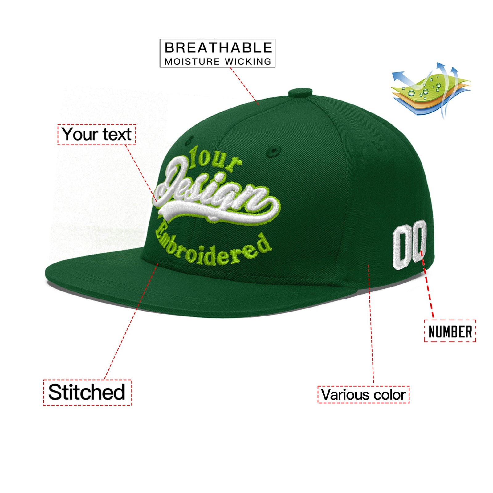 Custom Green 3D Puff Embroidery Flat Embroidery Casual Sport Baseball Cap