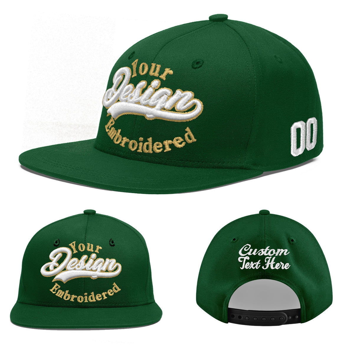 Custom Green 3D Puff Embroidery Flat Embroidery Casual Sport Baseball Cap