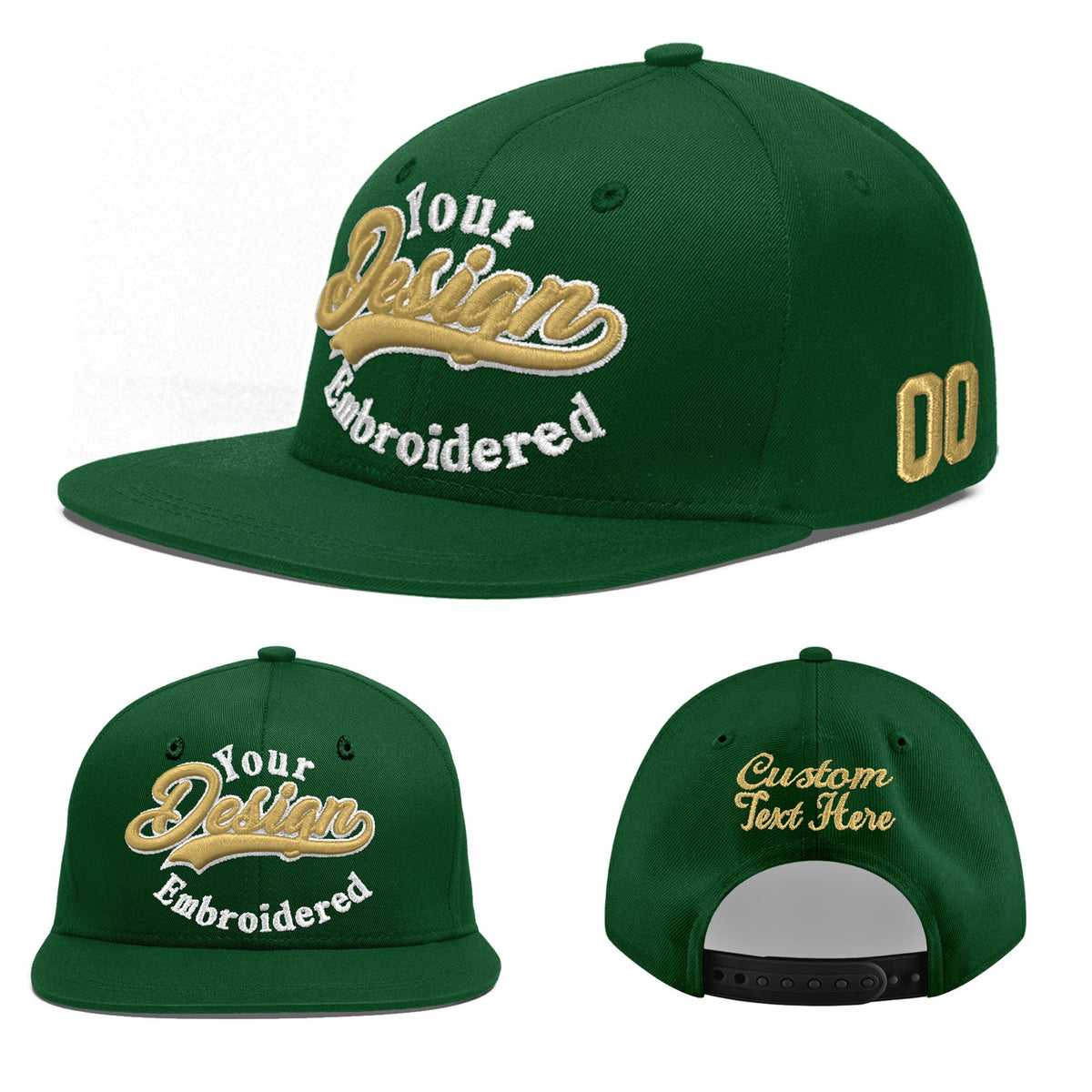 Custom Green 3D Puff Embroidery Flat Embroidery Casual Sport Baseball Cap